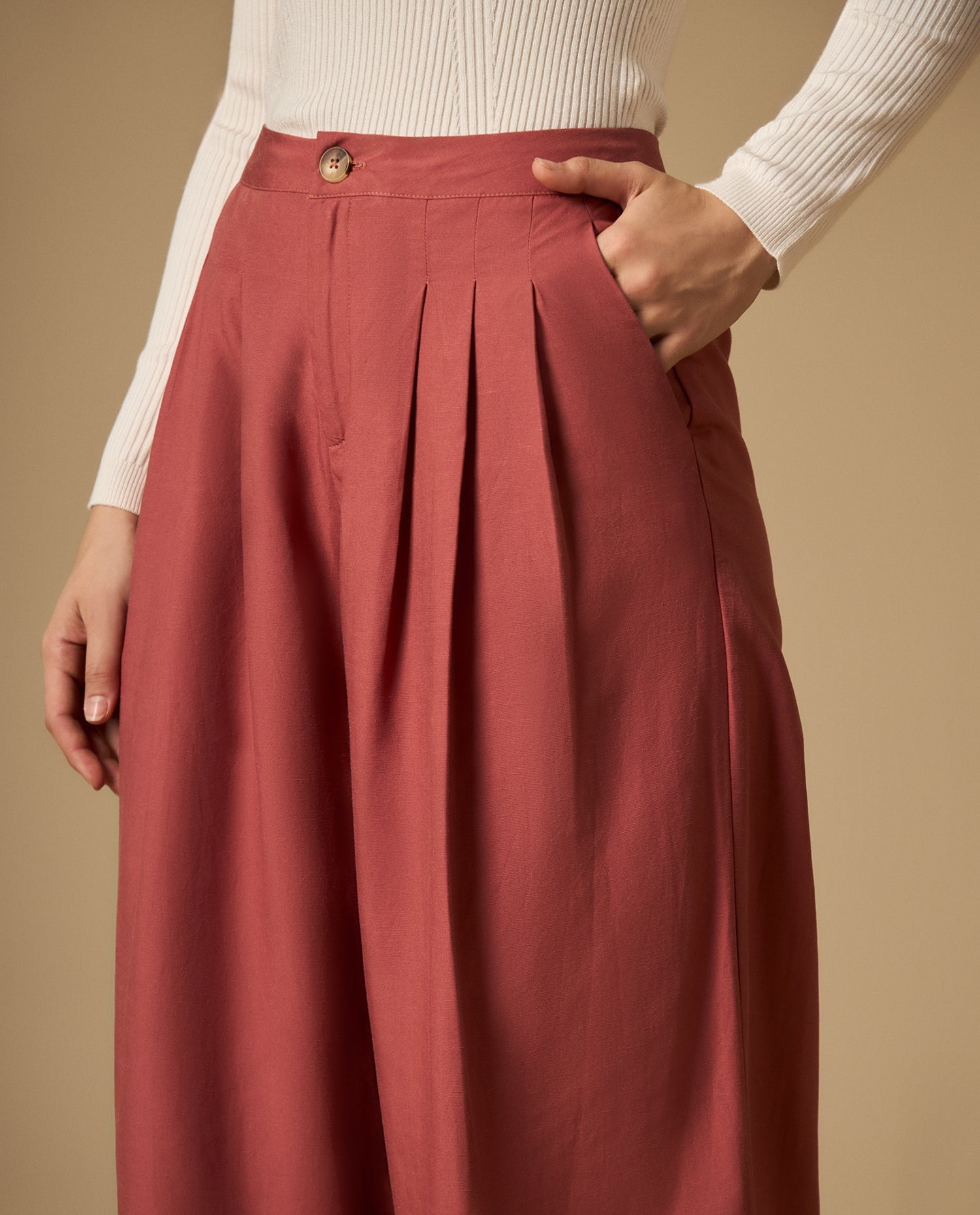 Pantalón chino con pinzas tiro alto pierna amplia - Rojo