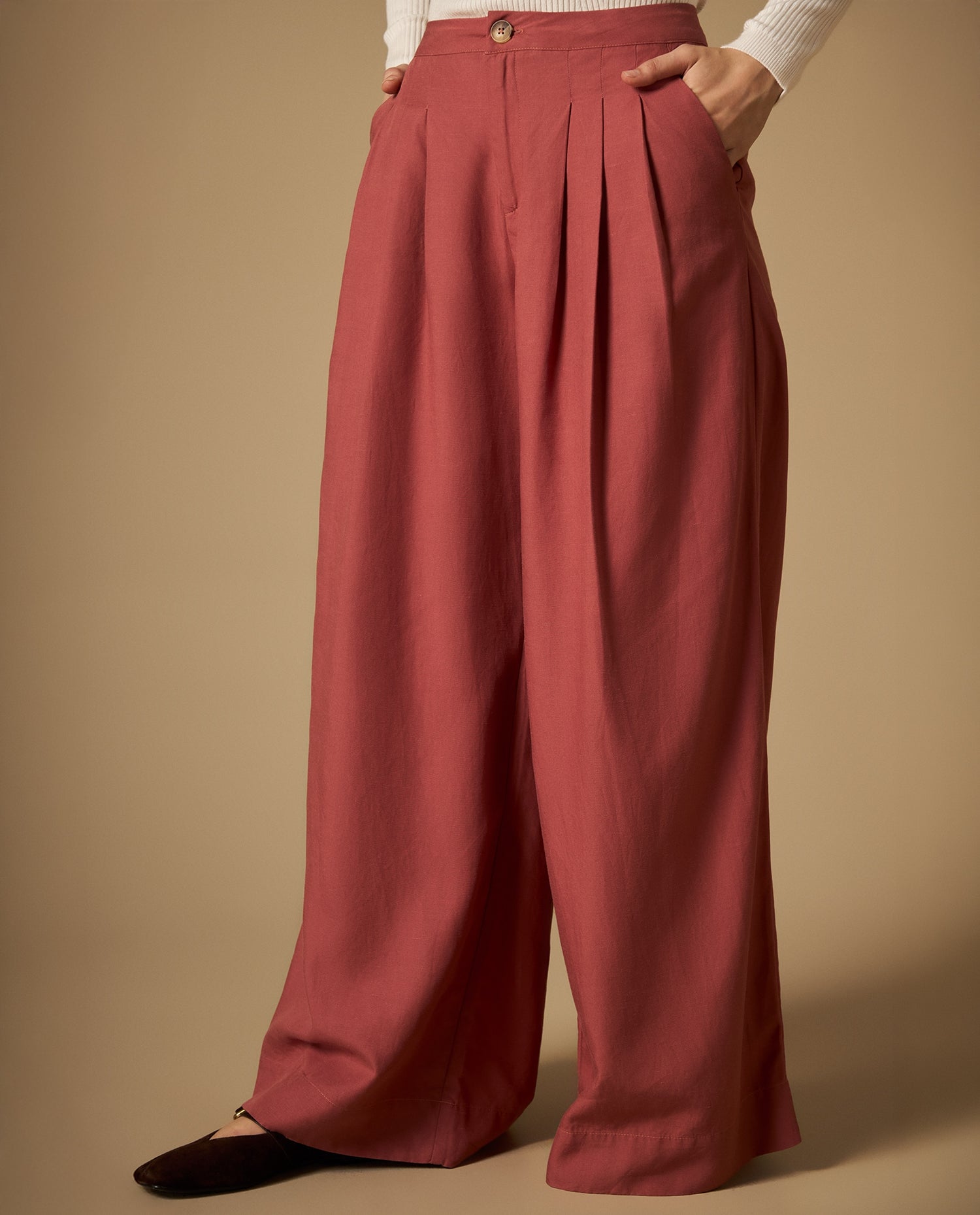 Pantalón chino con pinzas tiro alto pierna amplia - Rojo