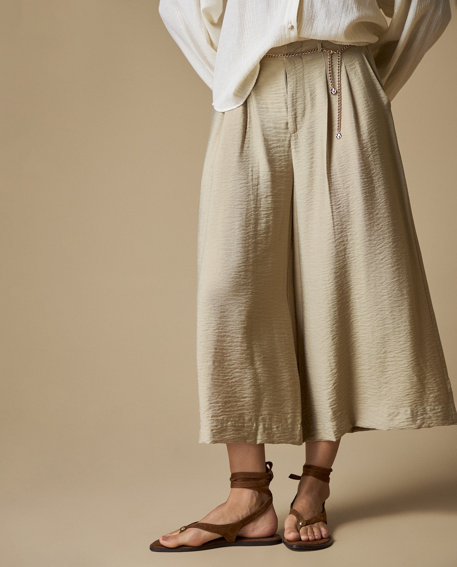 Pantalón Wide Leg Larga Mujer - Beige