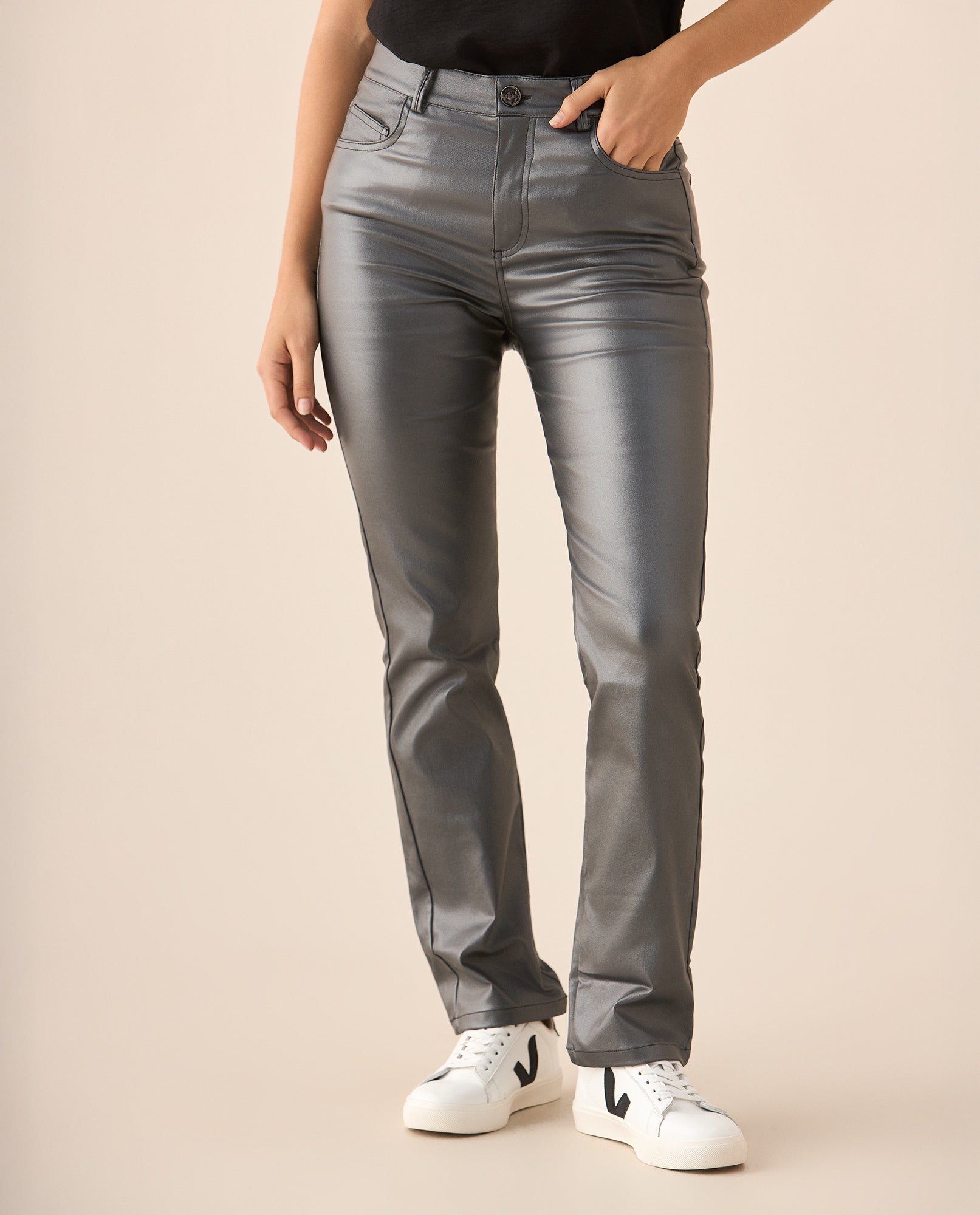 Pantalón con efecto metalizado para mujer - Gris 34_639F016_GRI194104_3