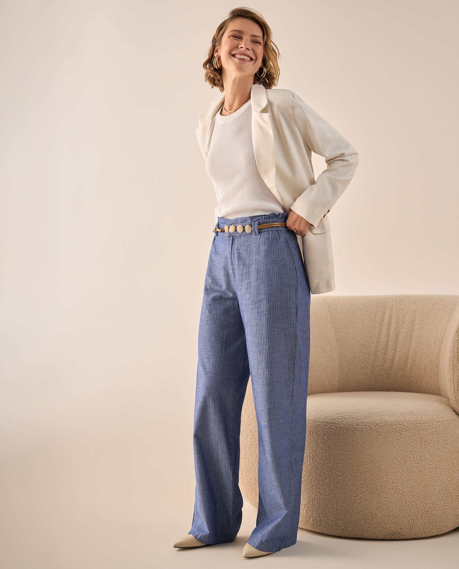 Pantalón Wide Leg con Rayas Verticales - Azul