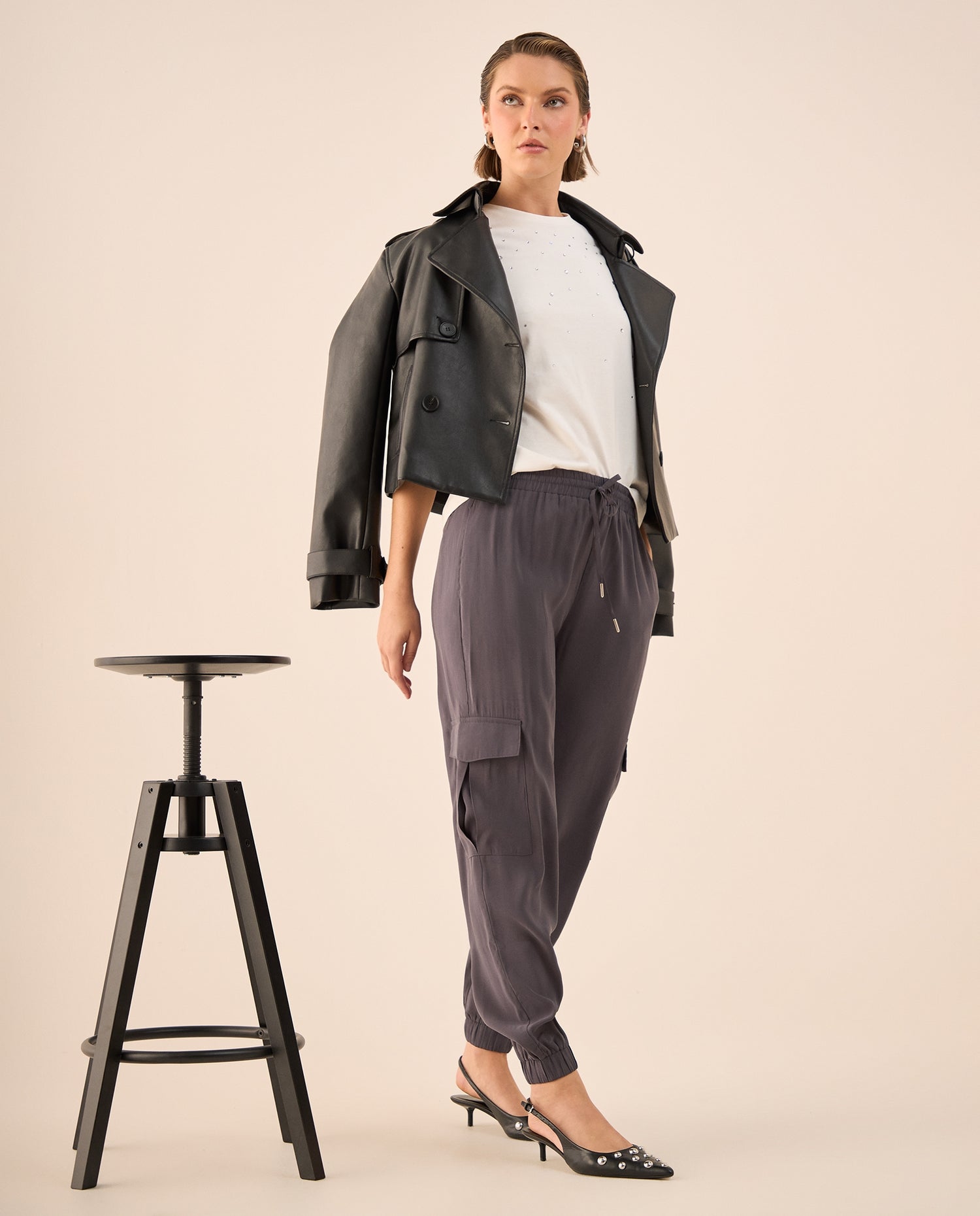 Pantalón Cargo con Cintura Elástica - Gris