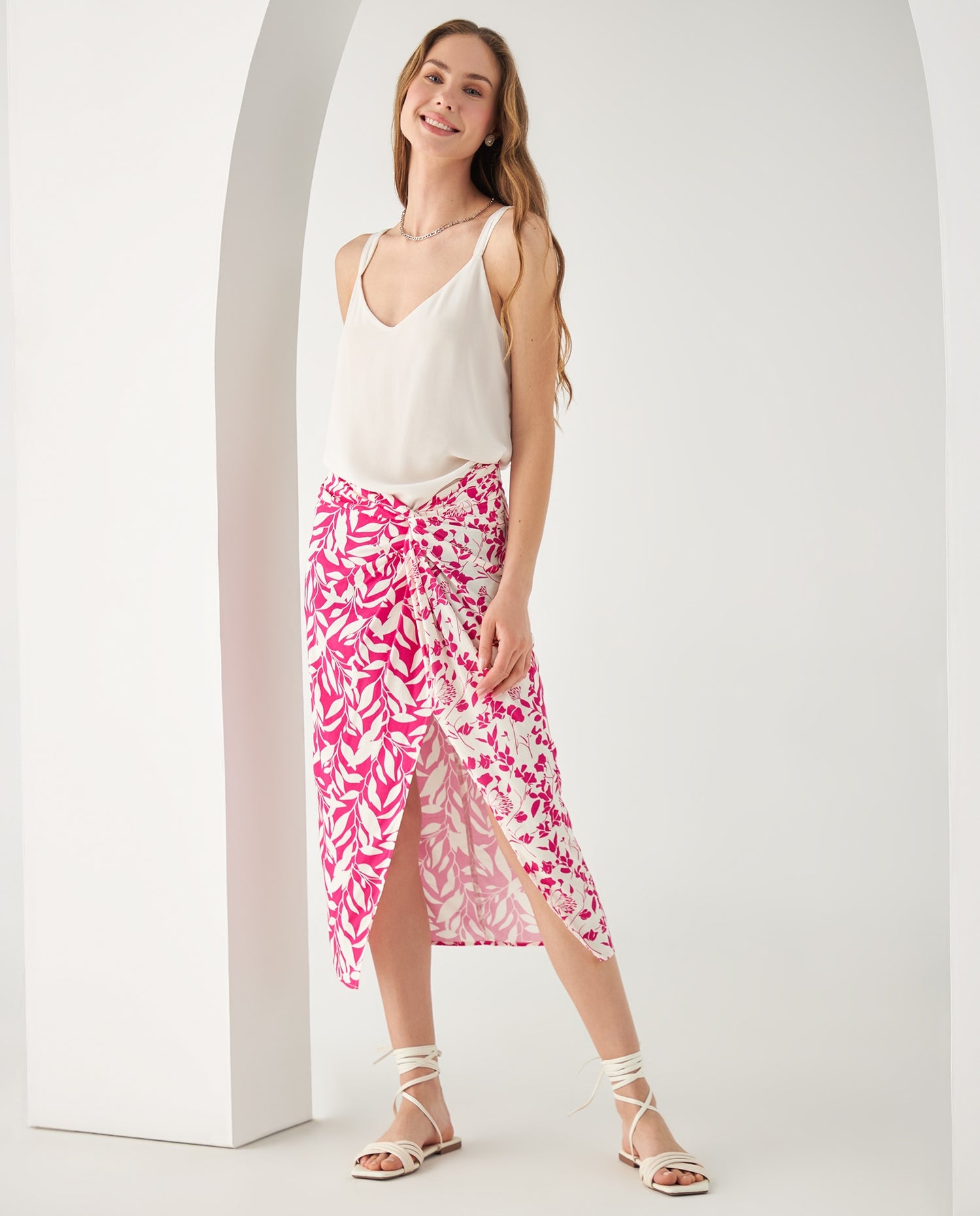 Falda midi estampada para mujer - Rosa