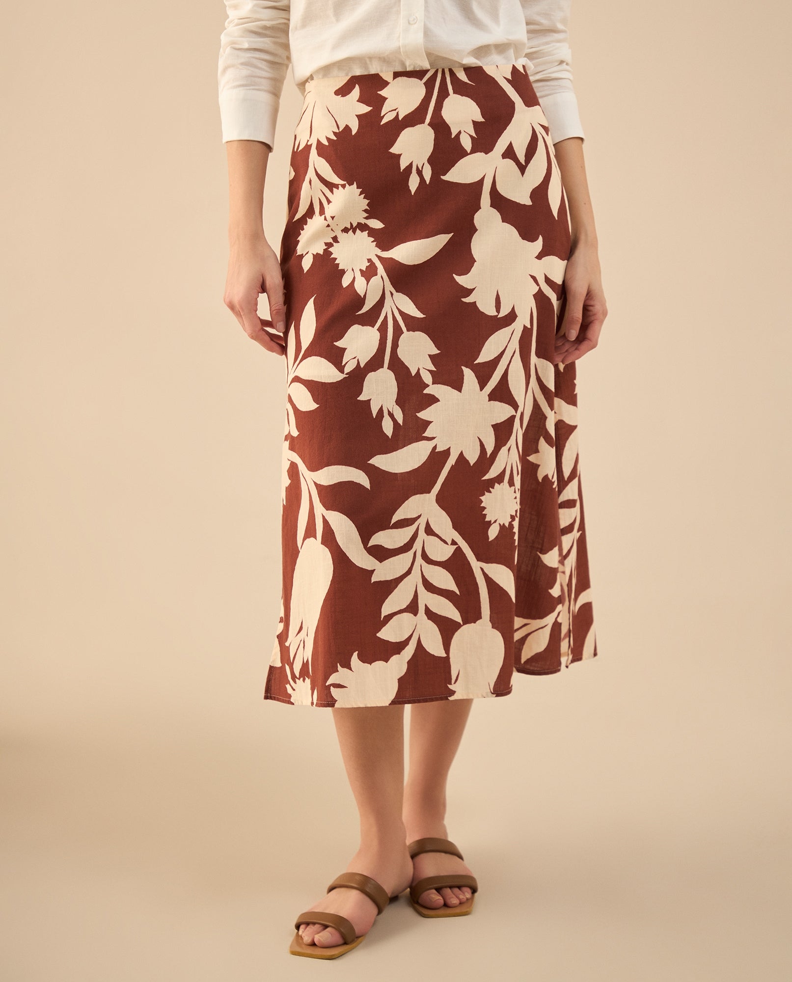 Falda larga con estampado de flores para mujer - Café 34_642G001_CAF191435_3