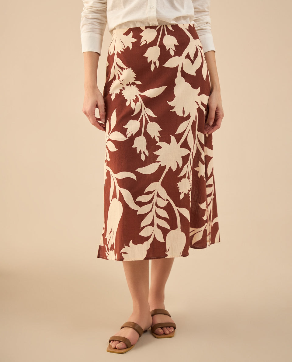 Falda larga con estampado de flores para mujer - Café 34_642G001_CAF191435_3