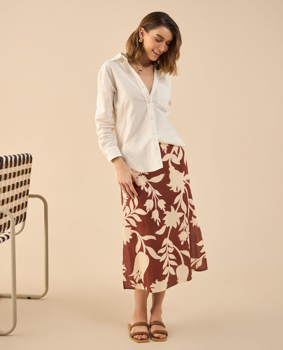 Falda larga con estampado de flores para mujer - Café 34_642G001_CAF191435_7