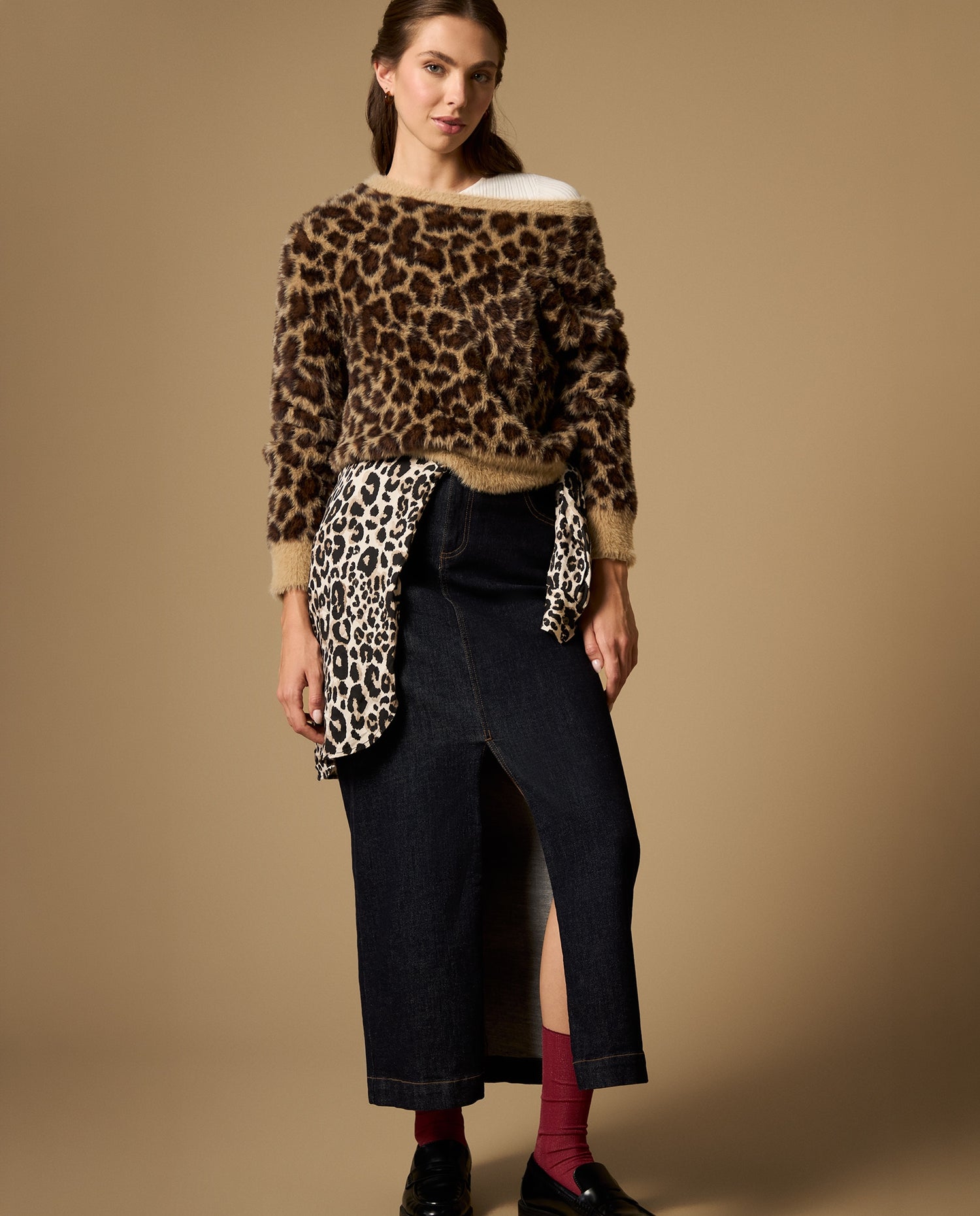 Falda larga denim línea A con abertura frontal - Azul