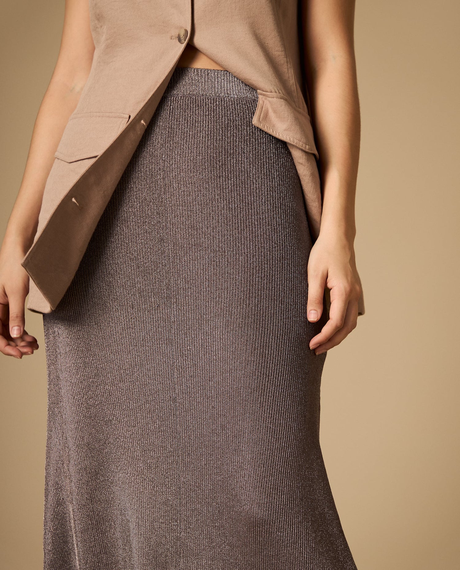 Falda larga tejido acanalado silueta ajustada - Beige