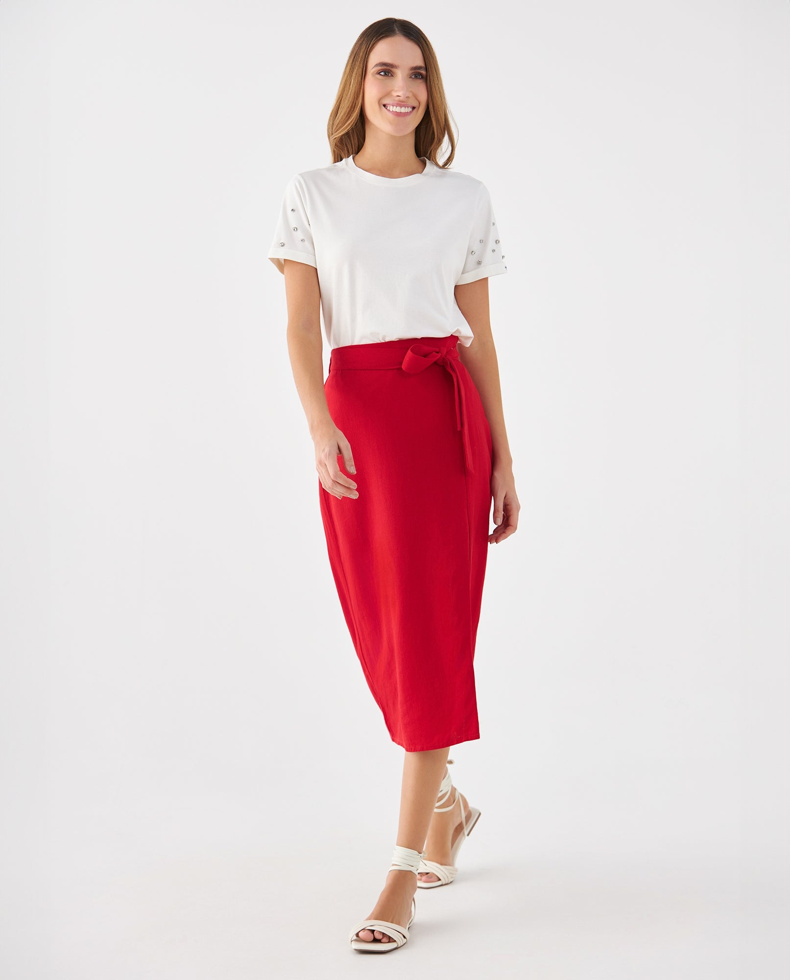 Falda con lazo ajustable en cintura para mujer - Rojo 34_649F020_ROJ191757_0