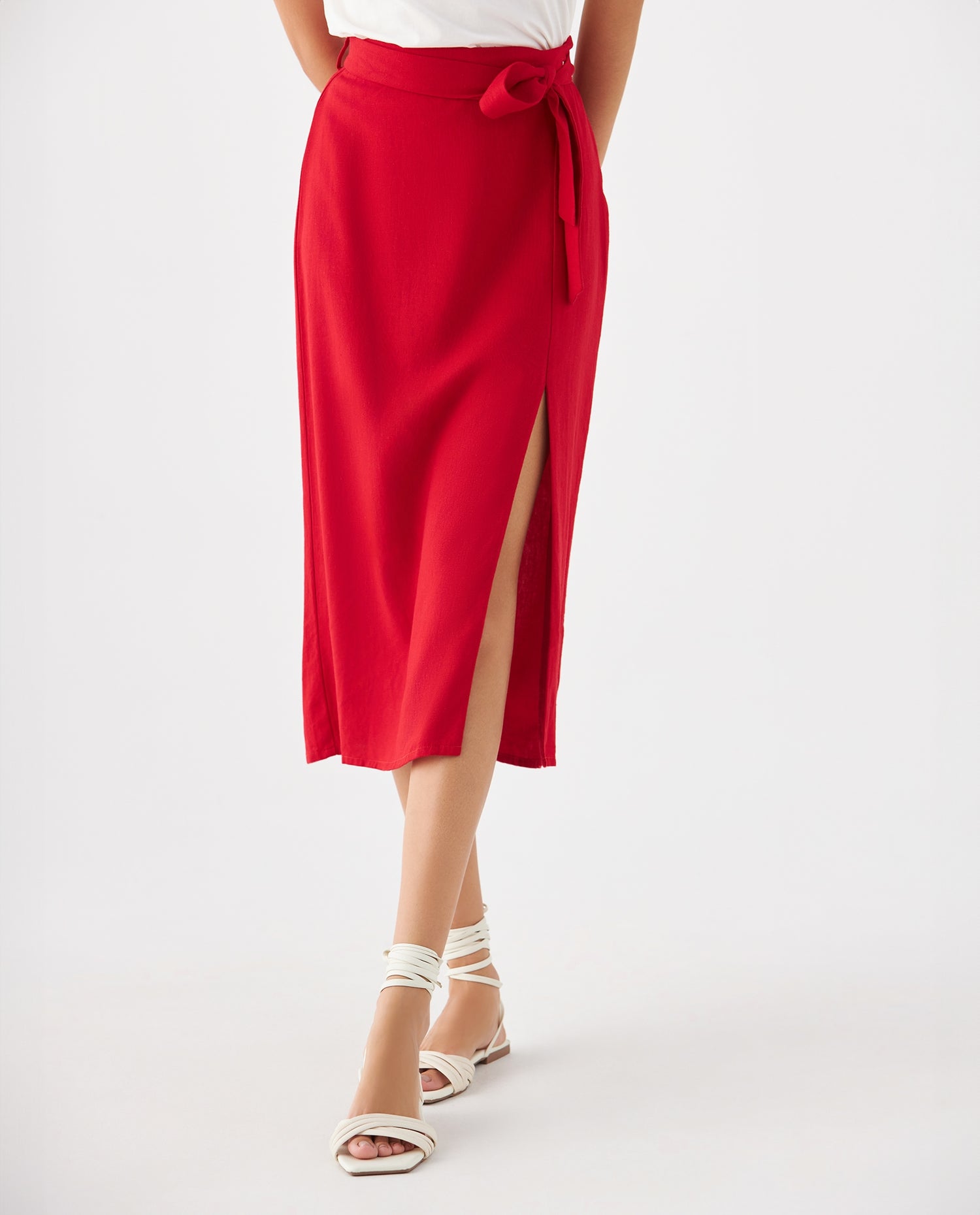 Falda con lazo ajustable en cintura para mujer - Rojo