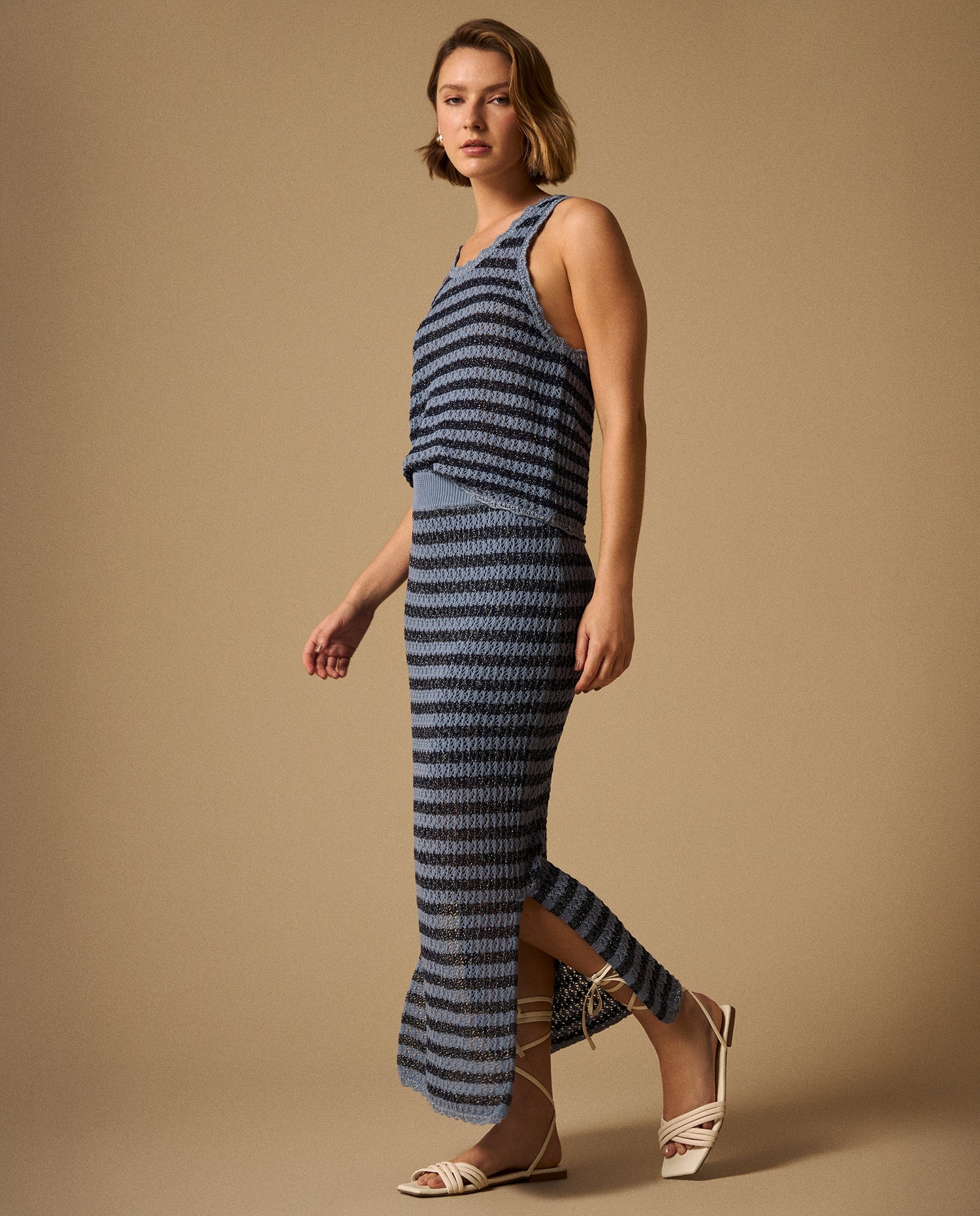 Falda Midi Rayas Azul con Lurex - Azul