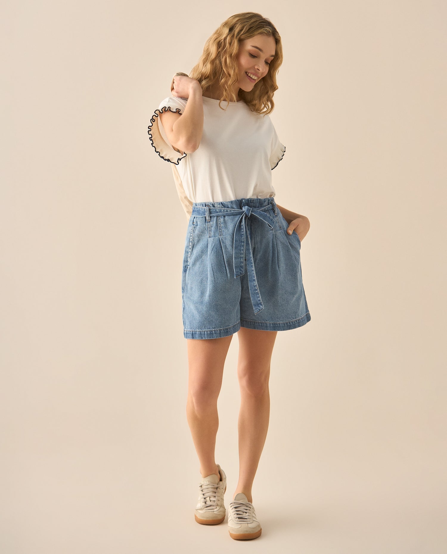 Bermuda en denim con pinzas para mujer  - Azul