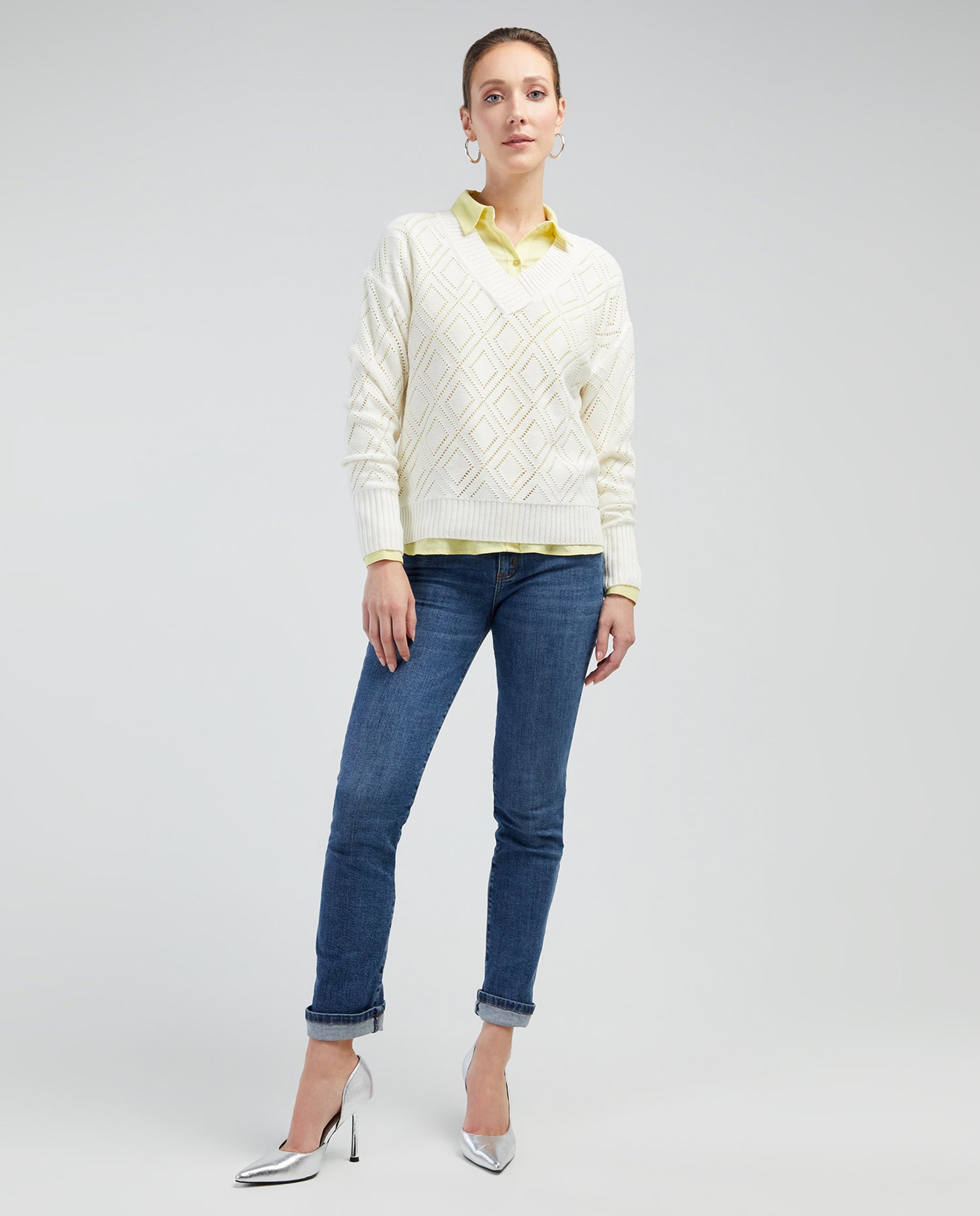 Buzo tejido cuello en V para mujer - Crudo