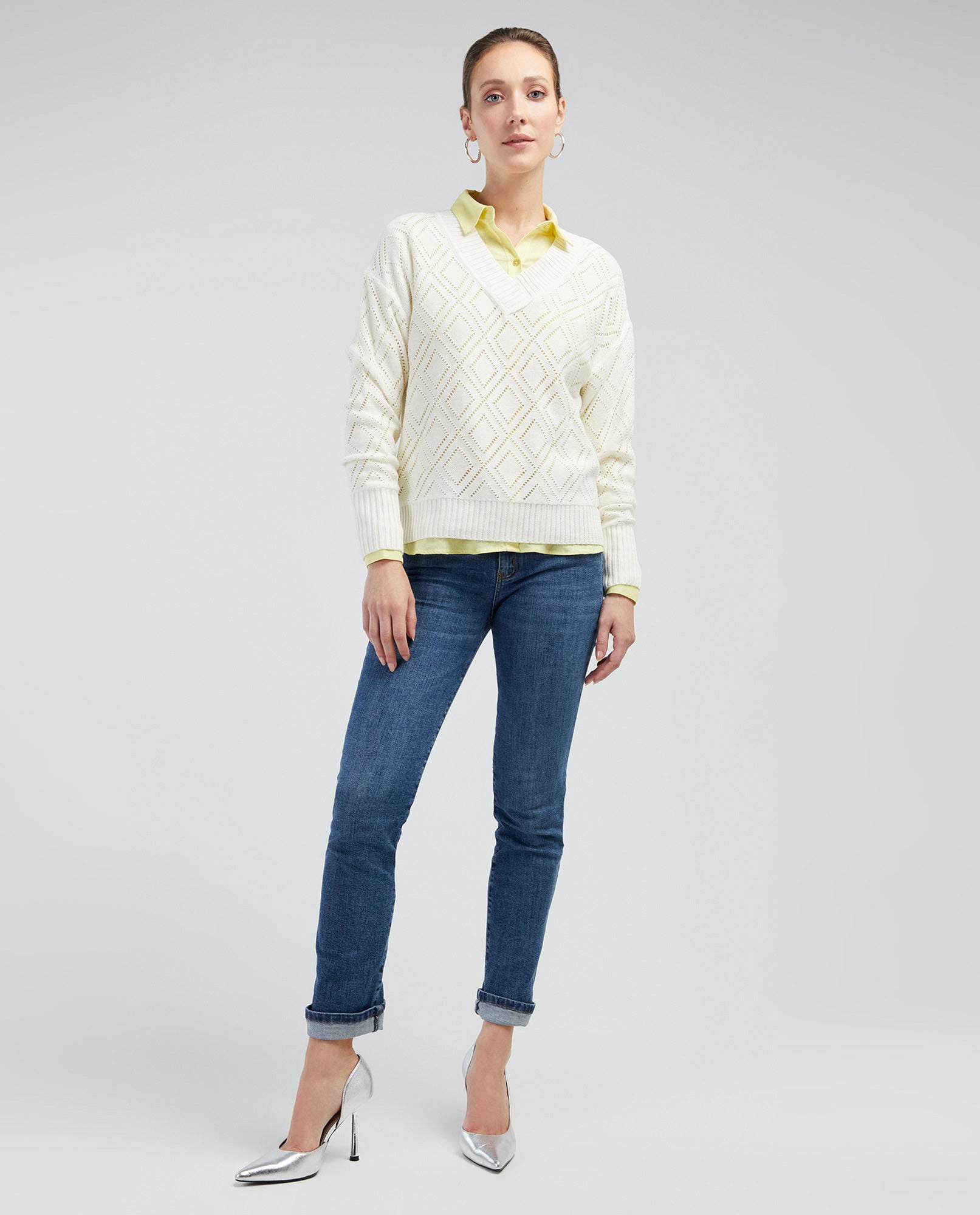 Buzo tejido cuello en V para mujer - Crudo 34_661E213_A00916_3