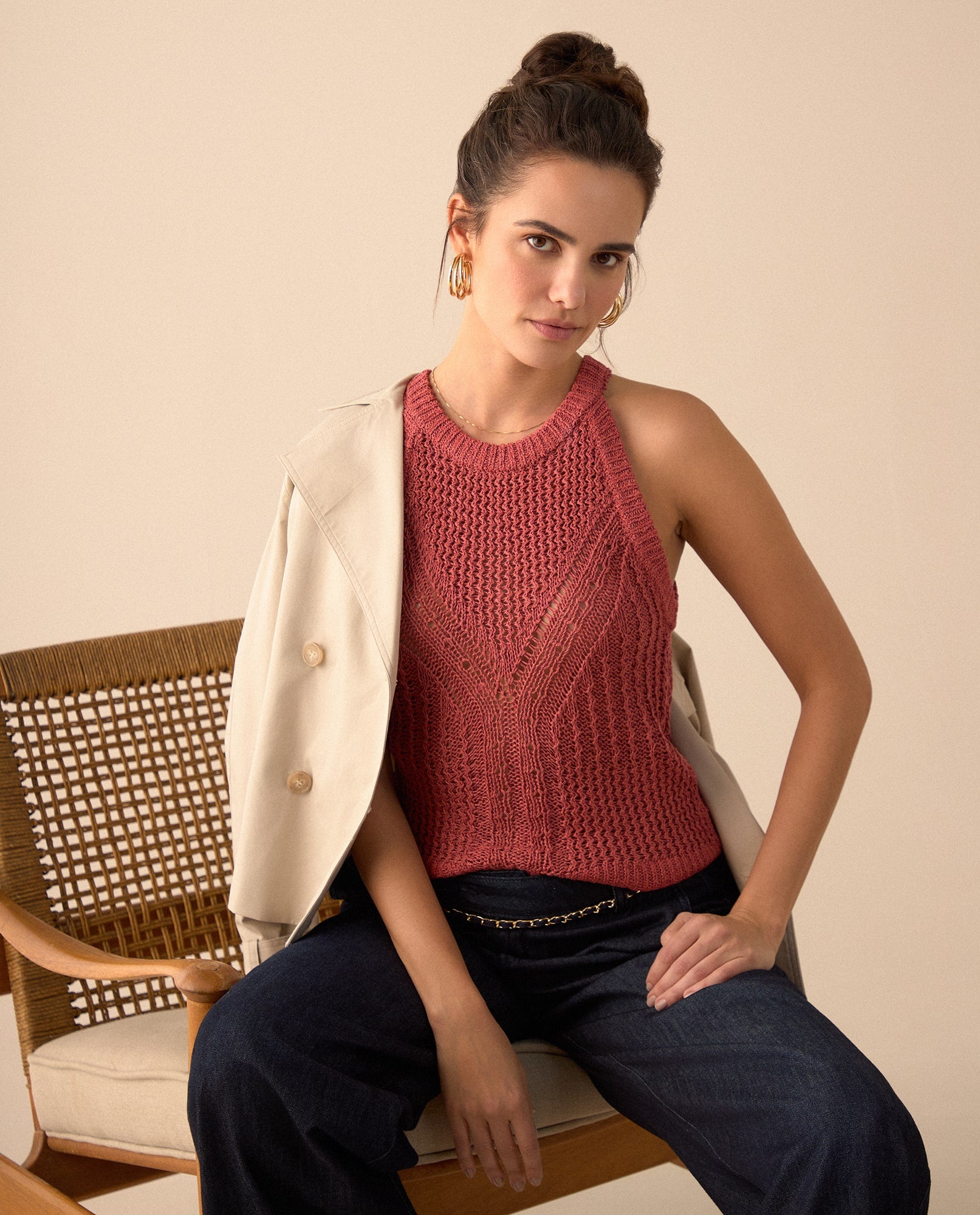 Camisa tejida manga sisa para mujer - Rojo 34_661G205_ROJ171563_0