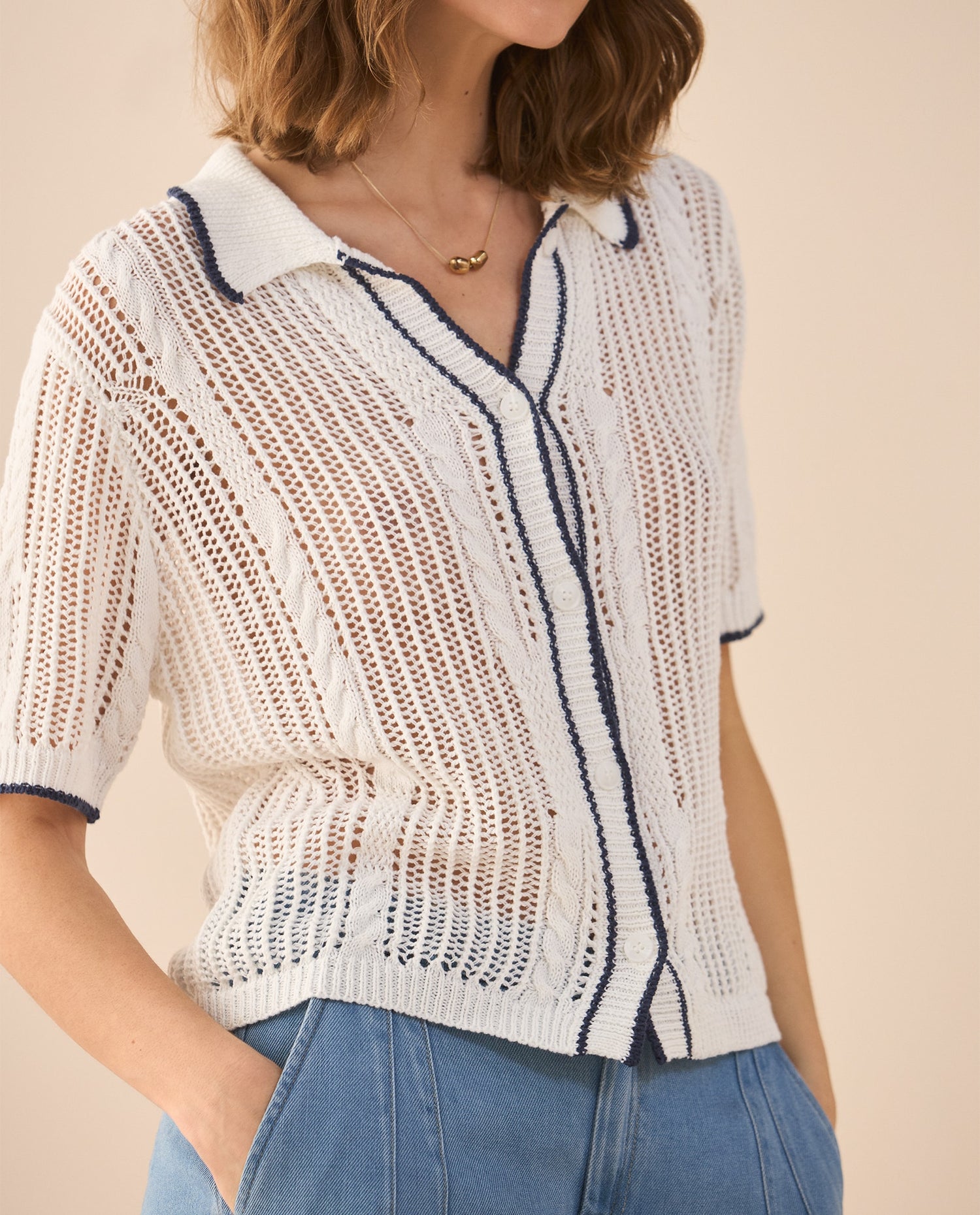 Camisa tejida manga corta para mujer - Crudo