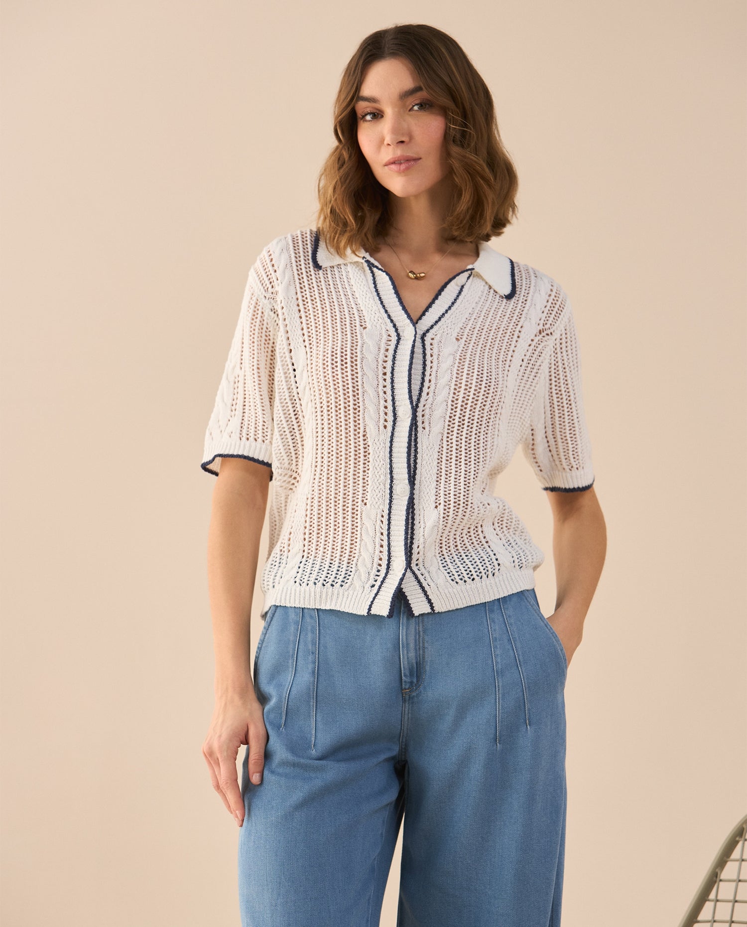 Camisa tejida manga corta para mujer - Crudo