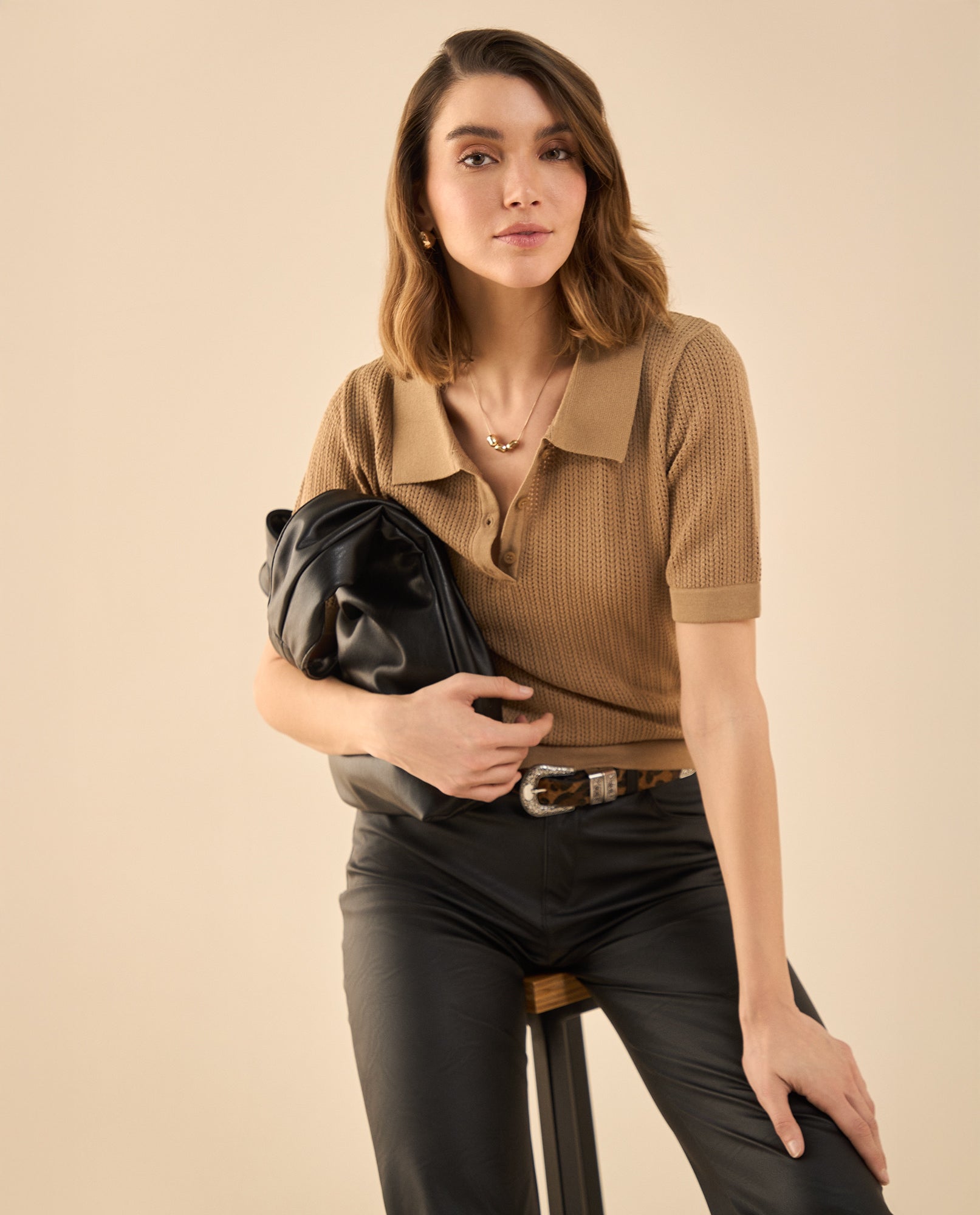 Camisa tejida tipo polo para mujer - Café 34_662G201_CAF181238_0