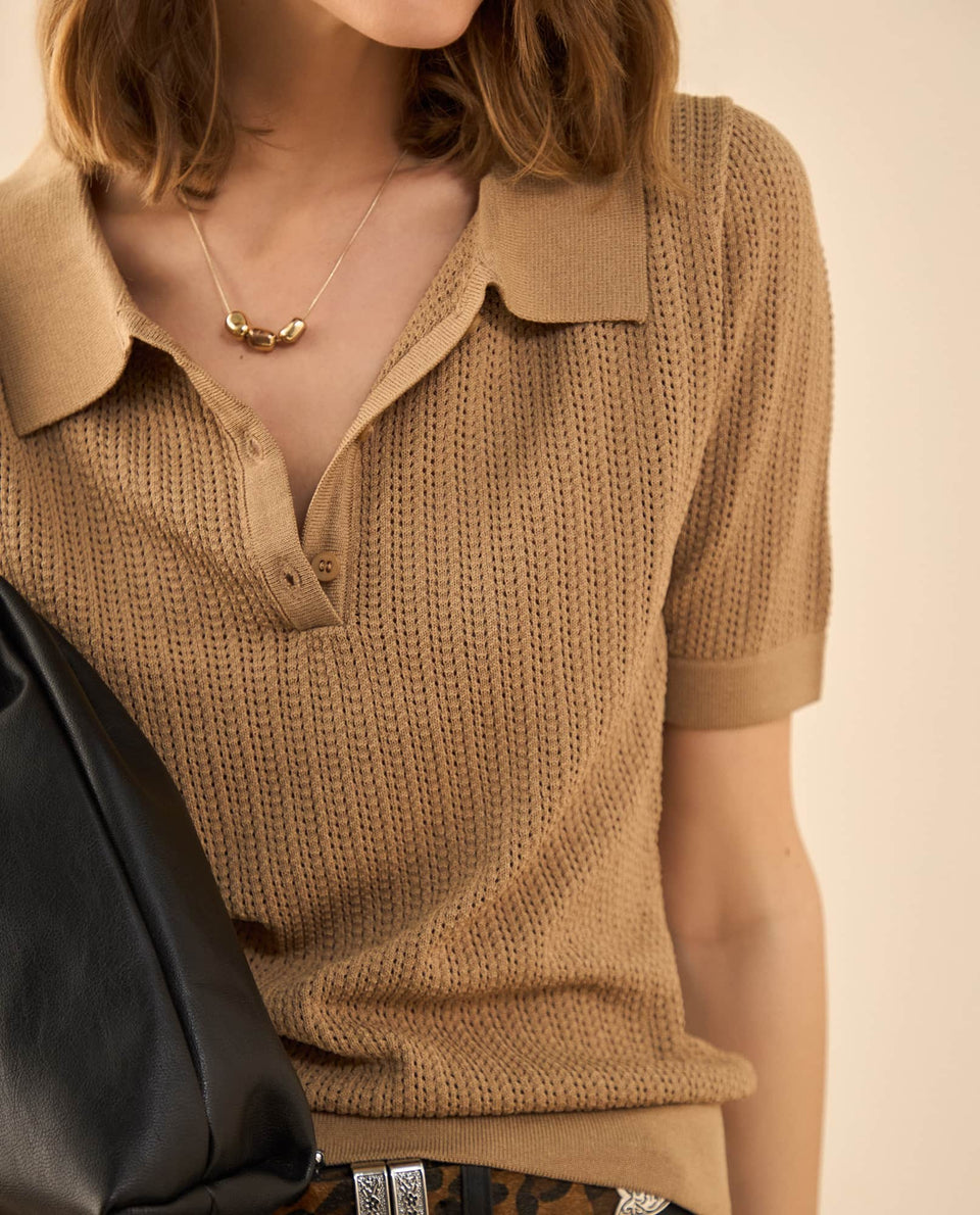 Camisa tejida tipo polo para mujer - Café 34_662G201_CAF181238_3