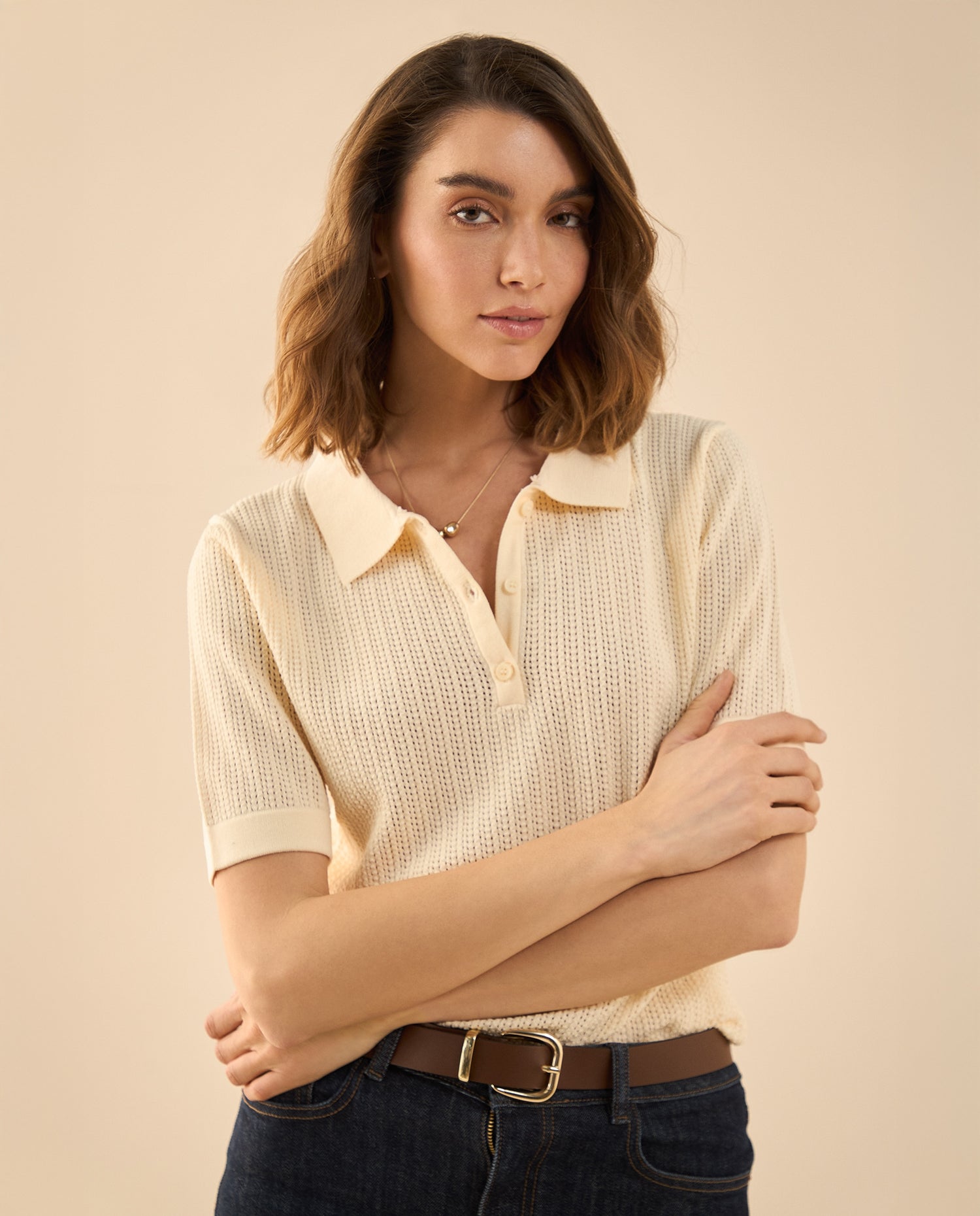 Camisa tejida tipo polo para mujer - Crudo