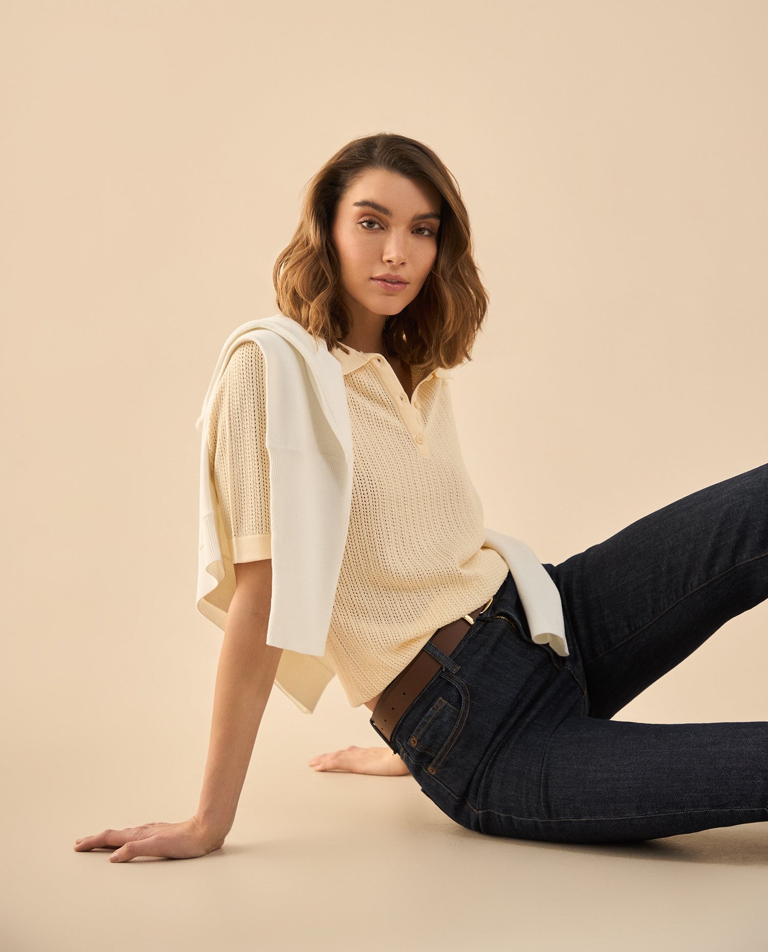 Camisa tejida tipo polo para mujer - Crudo