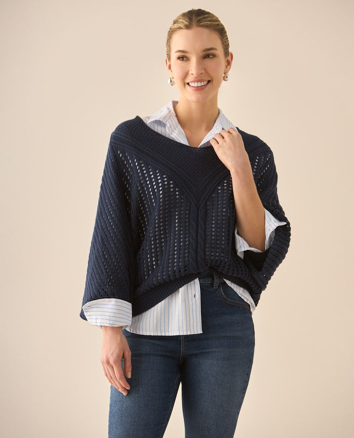 Buzo escote en V con tejido abierto para mujer  - Azul 34_662G220_AZU184022_0