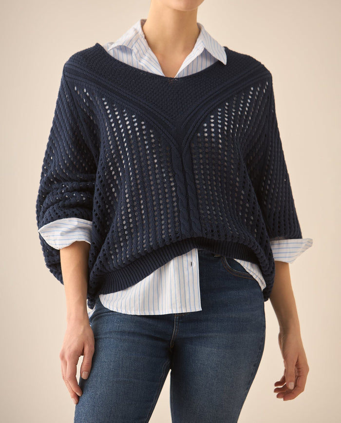 Buzo escote en V con tejido abierto para mujer  - Azul 34_662G220_AZU184022_3