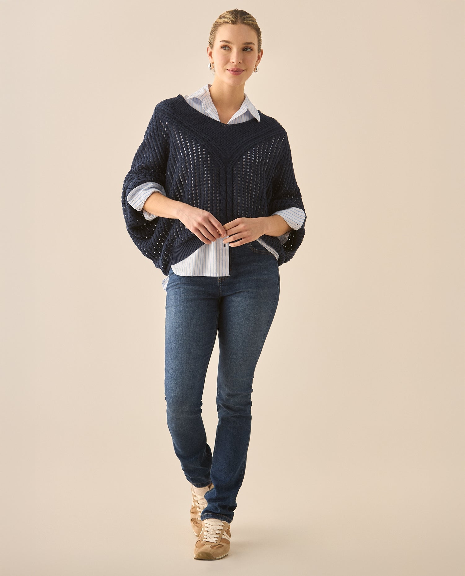 Buzo escote en V con tejido abierto para mujer  - Azul
