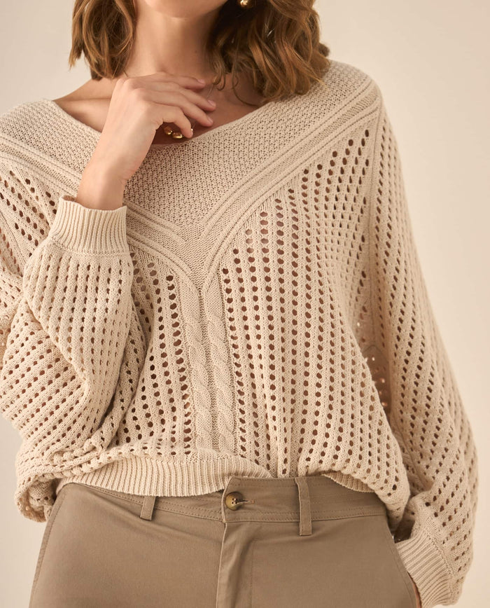 Buzo escote en V con tejido abierto para mujer  - Beige 34_662G220_BEI151216_0