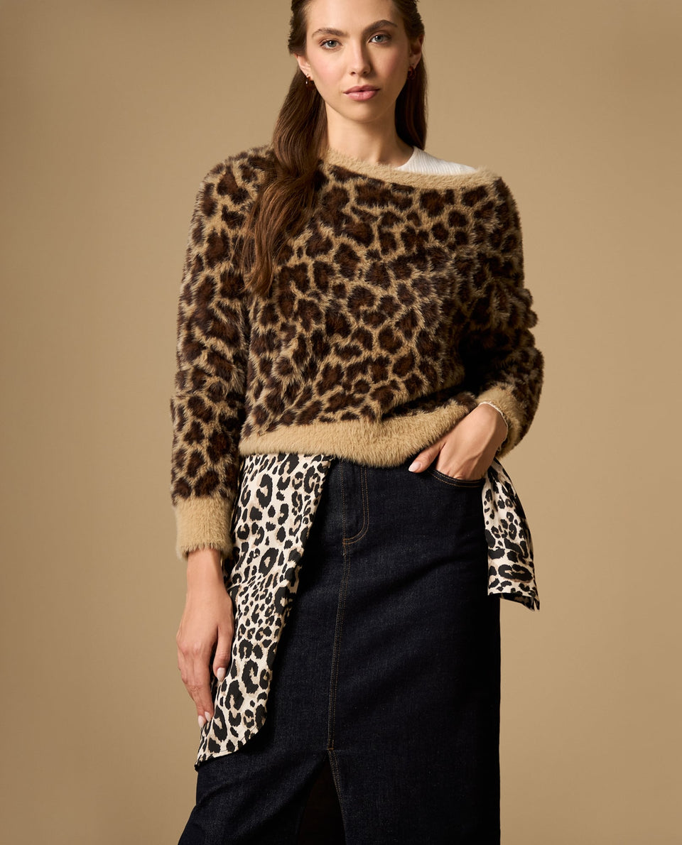 Suéter tejido cuello redondo con diseño animal print y textura afelpada - Café 34_662H212_CAF191435_7