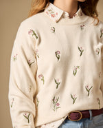 Suéter tejido con bordado floral cuello redondo - Crudo