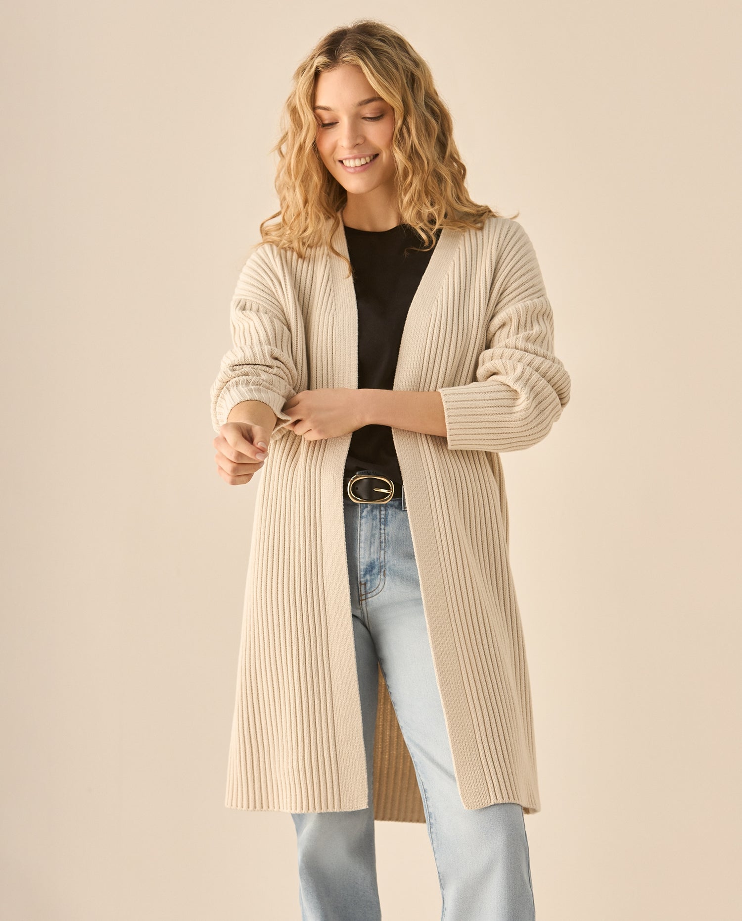 Cárdigan tejido de diseño abierto para mujer - Beige