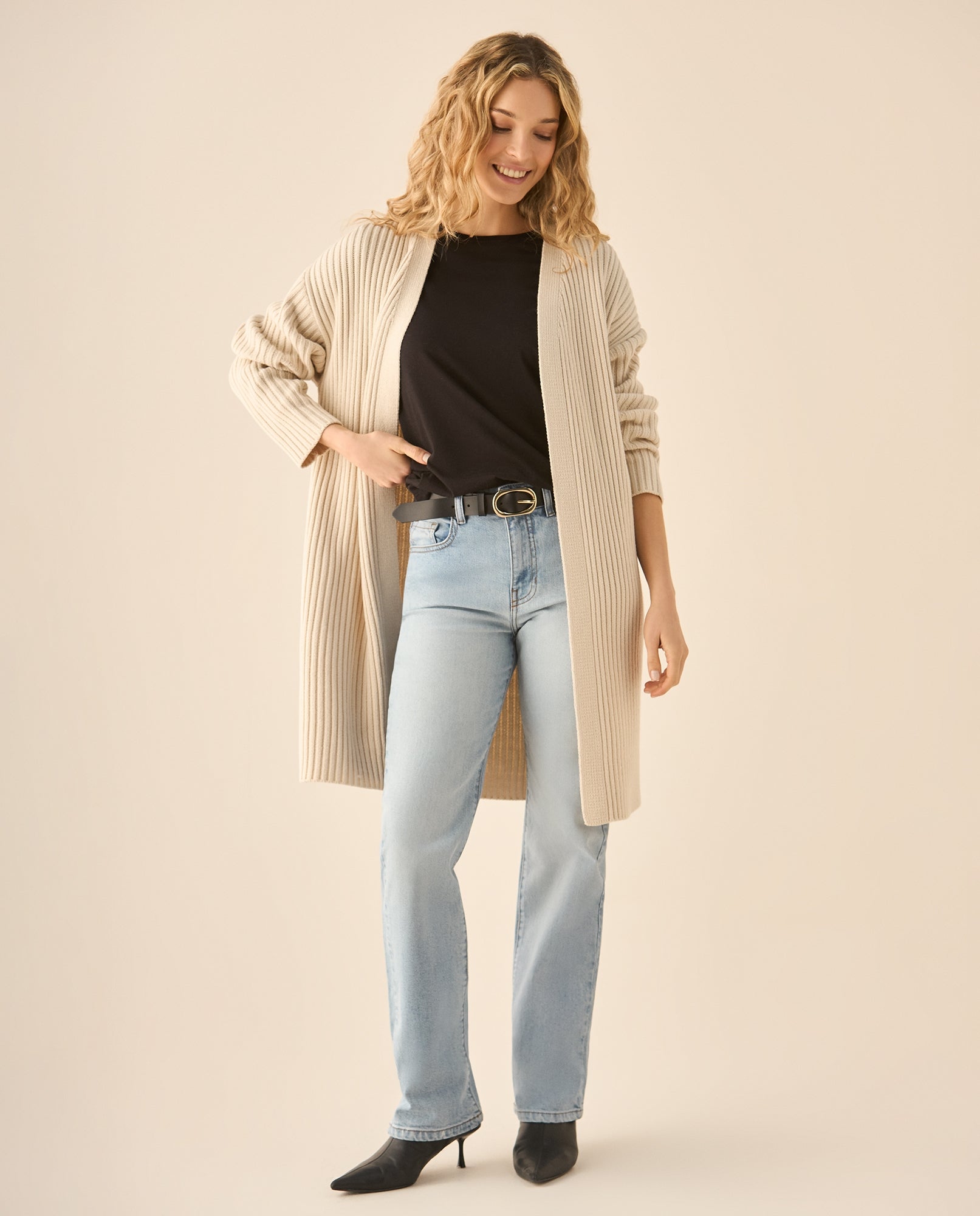 Cárdigan tejido de diseño abierto para mujer - Beige 34_663G202_BEI130607_5