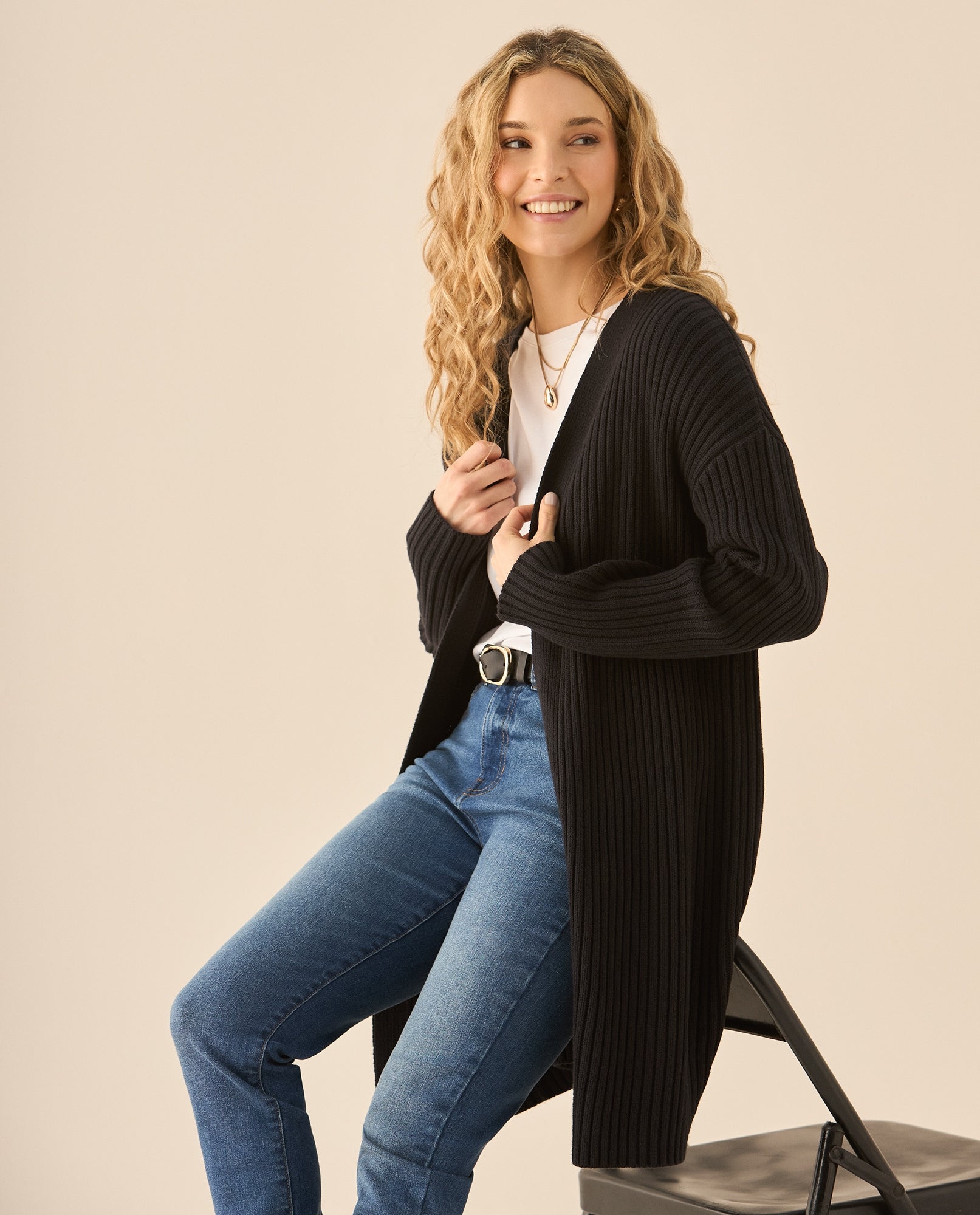 Cárdigan tejido de diseño abierto para mujer - Negro 34_663G202_NEG190303_0