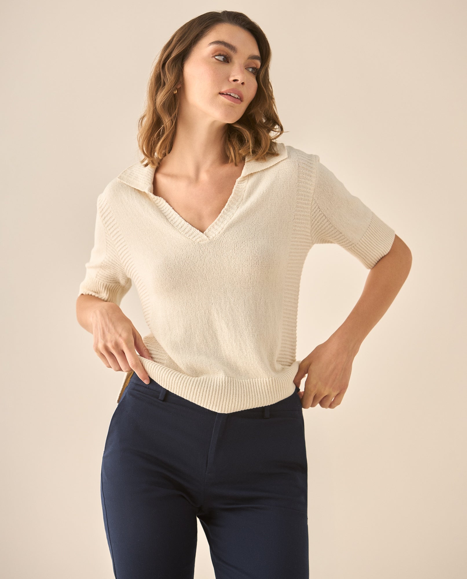 Camisa tipo polo con mix de tejidos para mujer - Crudo 34_663G209_CRU120703_6