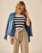 Suéter tipo camisa a rayas para mujer  - Azul