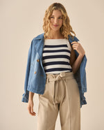 Suéter tipo camisa a rayas para mujer  - Azul