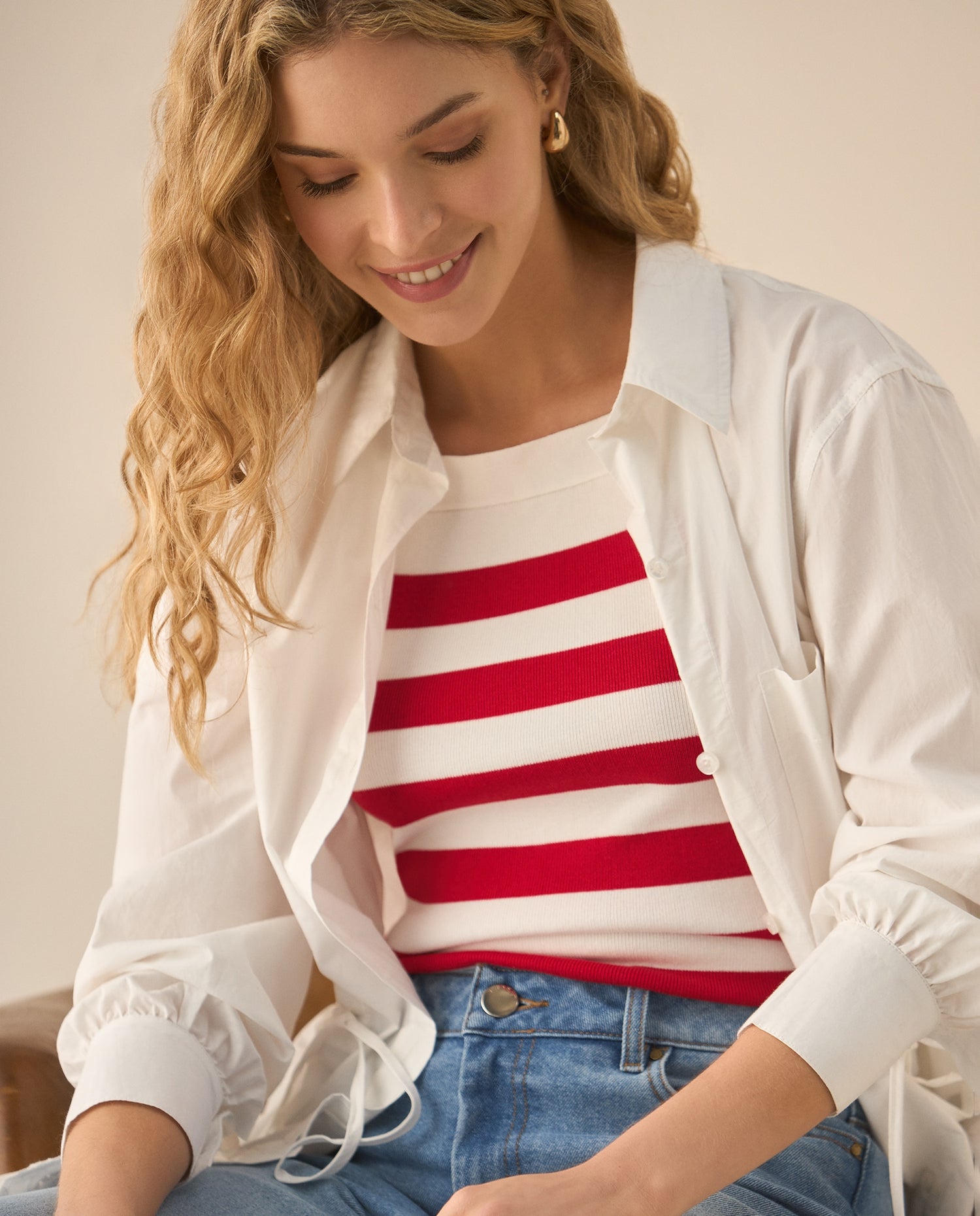 Suéter tipo camisa a rayas para mujer  - Rojo