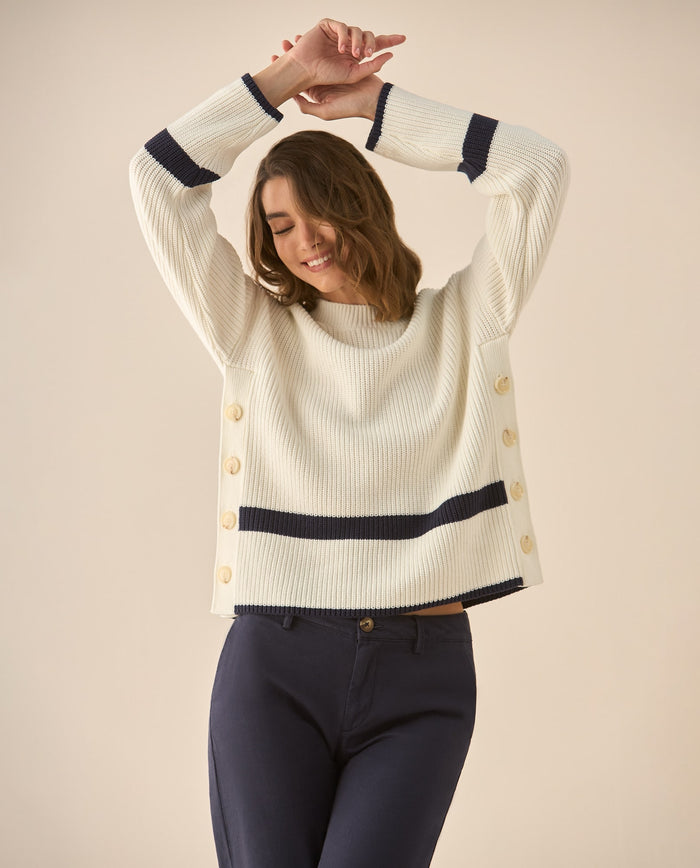 Buzo con rayas y ajuste de botones para mujer  - Crudo 34_669G201_CRU154502_0