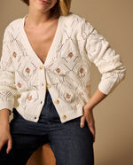 Cardigan Tejido Calado con Bordados Florales - Crudo
