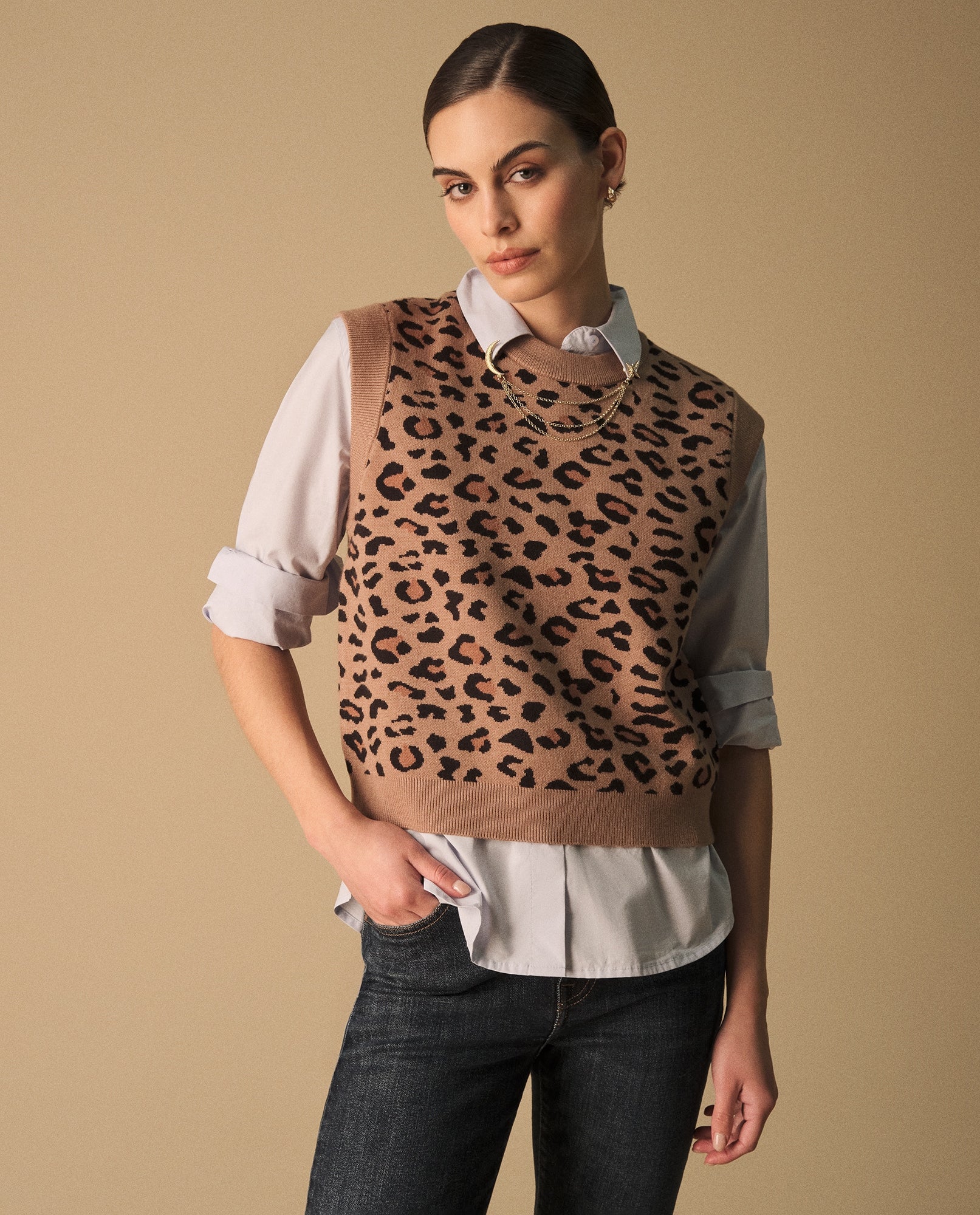 Chaleco Tejido Animal Print Beige - Beige 34_669G233_BEI150730_0