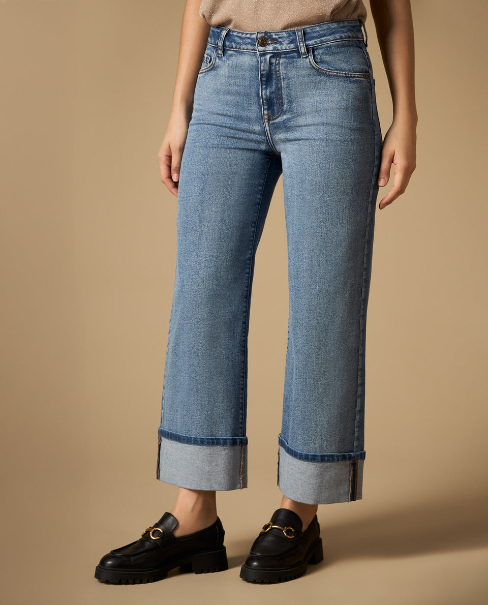Jean wide leg con ruedo doblado - Azul