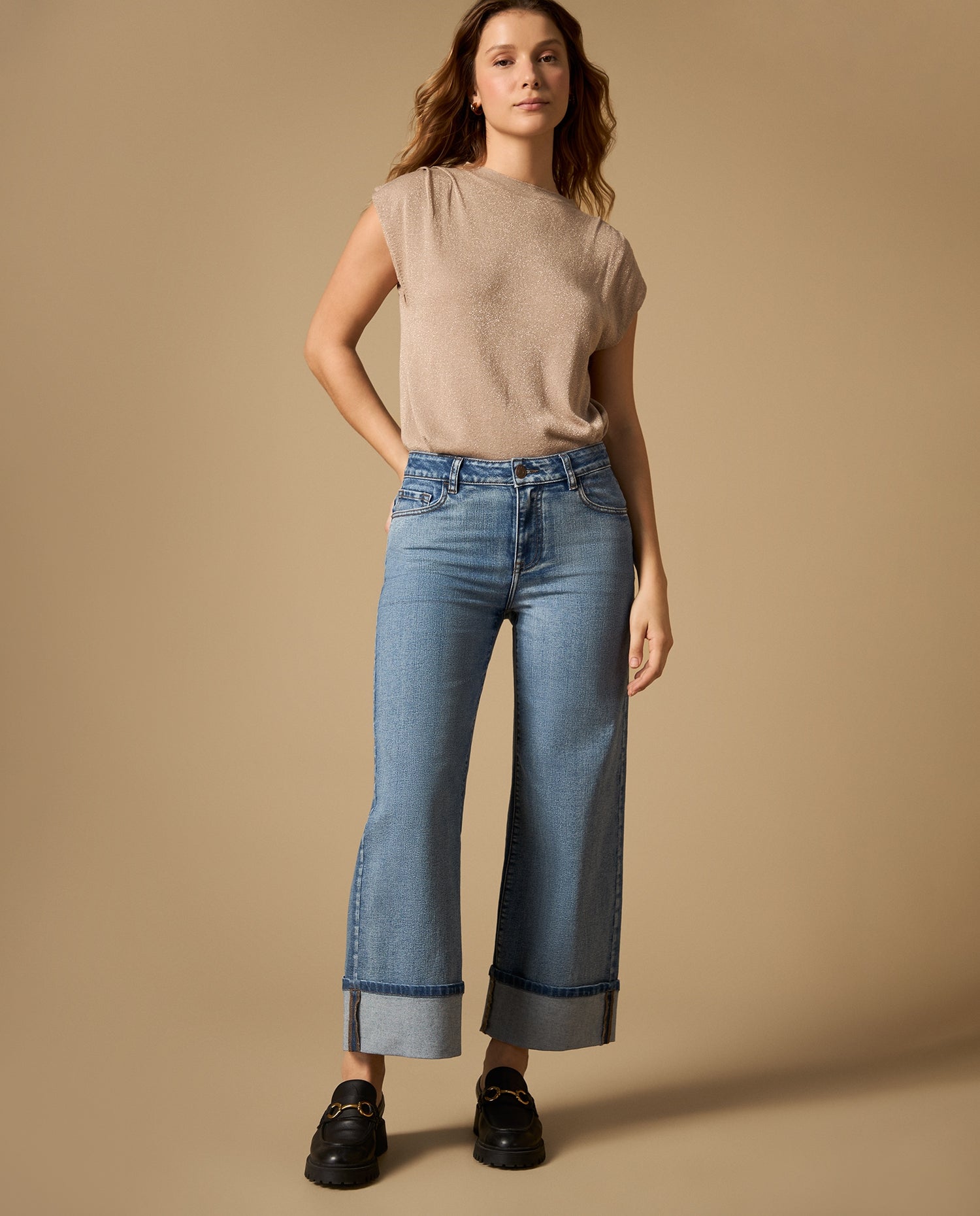 Jean wide leg con ruedo doblado - Azul