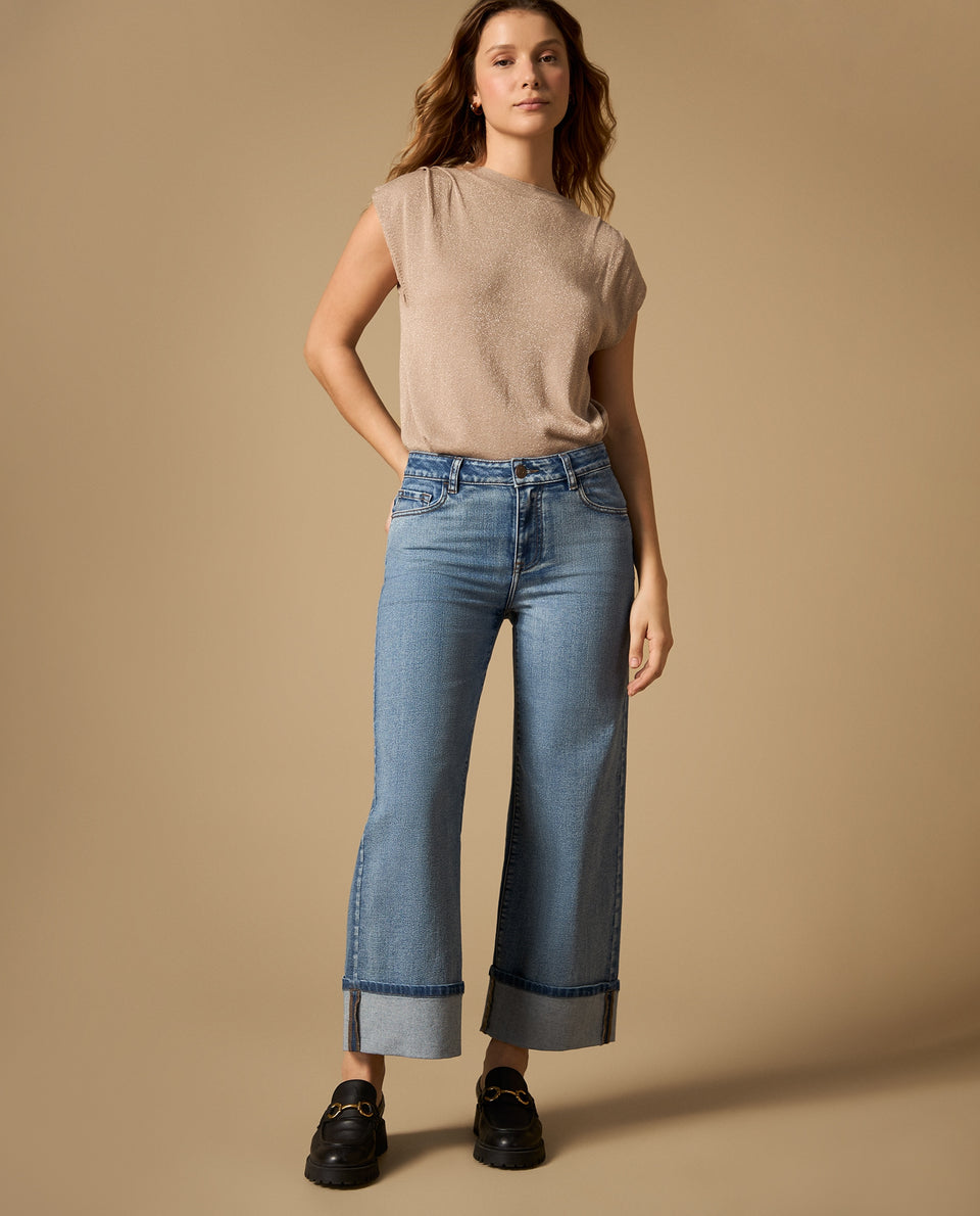 Jean wide leg con ruedo doblado - Azul