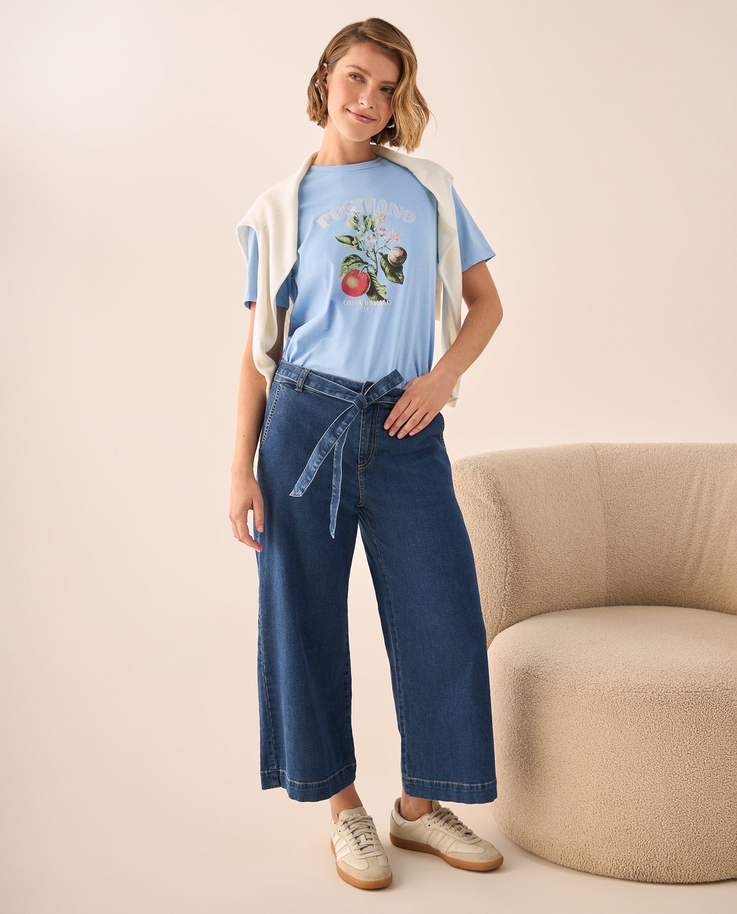 Jean Culotte Azul Tiro Alto con Cinturón - Azul