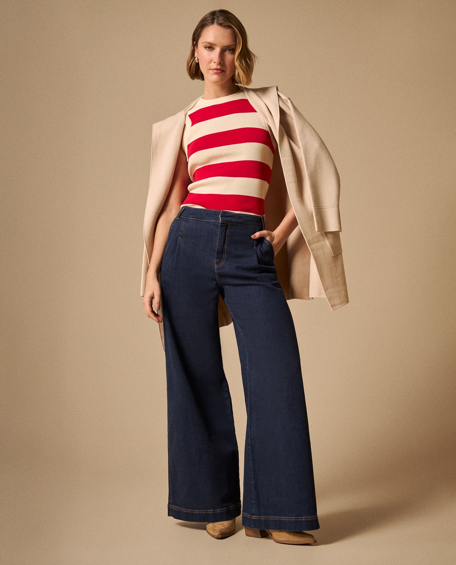 Jean Wide Leg Azul Oscuro con Costuras Doradas - Azul