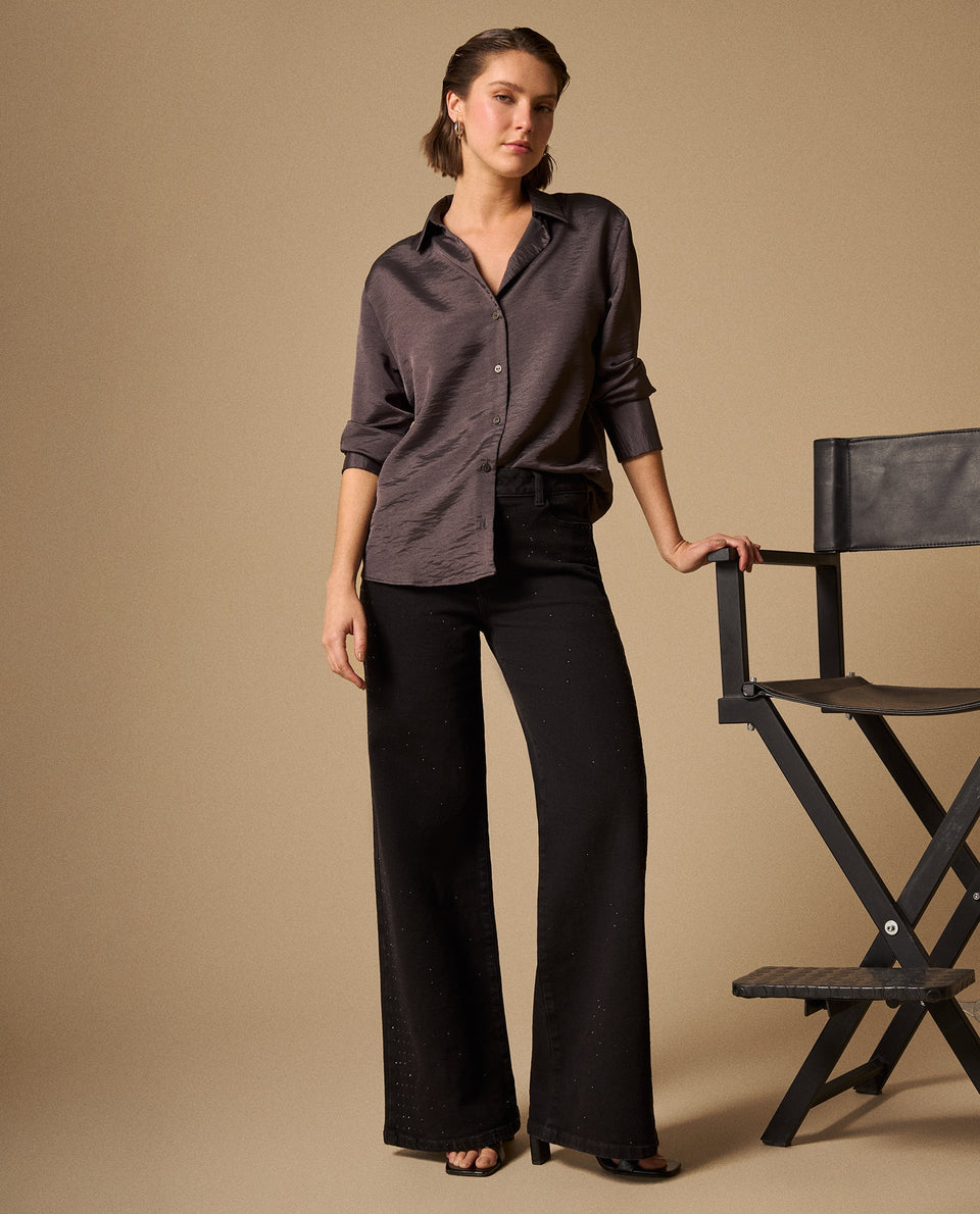 Jean Wide Leg Negro con Aplicaciones Brillantes - Negro