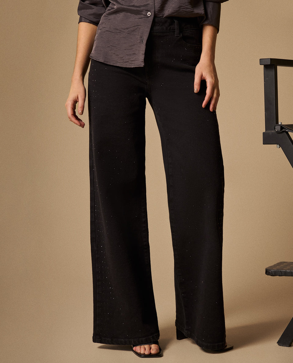 Jean Wide Leg Negro con Aplicaciones Brillantes - Negro