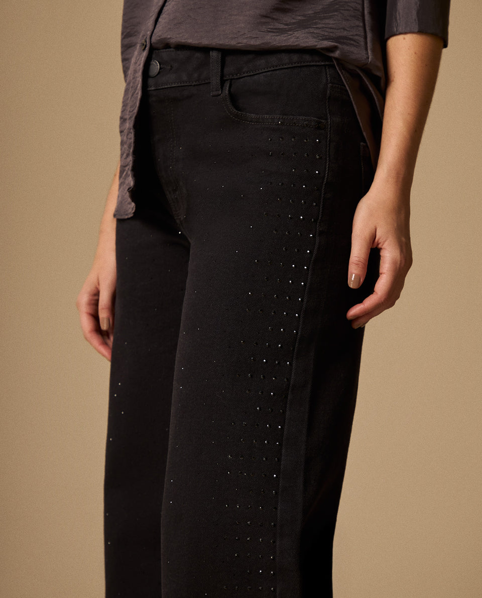 Jean Wide Leg Negro con Aplicaciones Brillantes - Negro