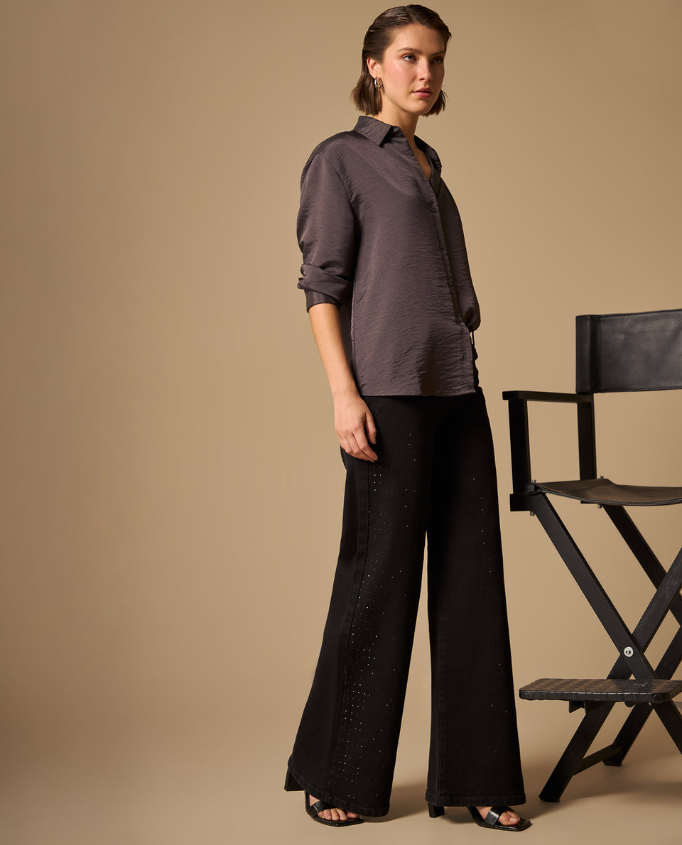 Jean Wide Leg Negro con Aplicaciones Brillantes - Negro